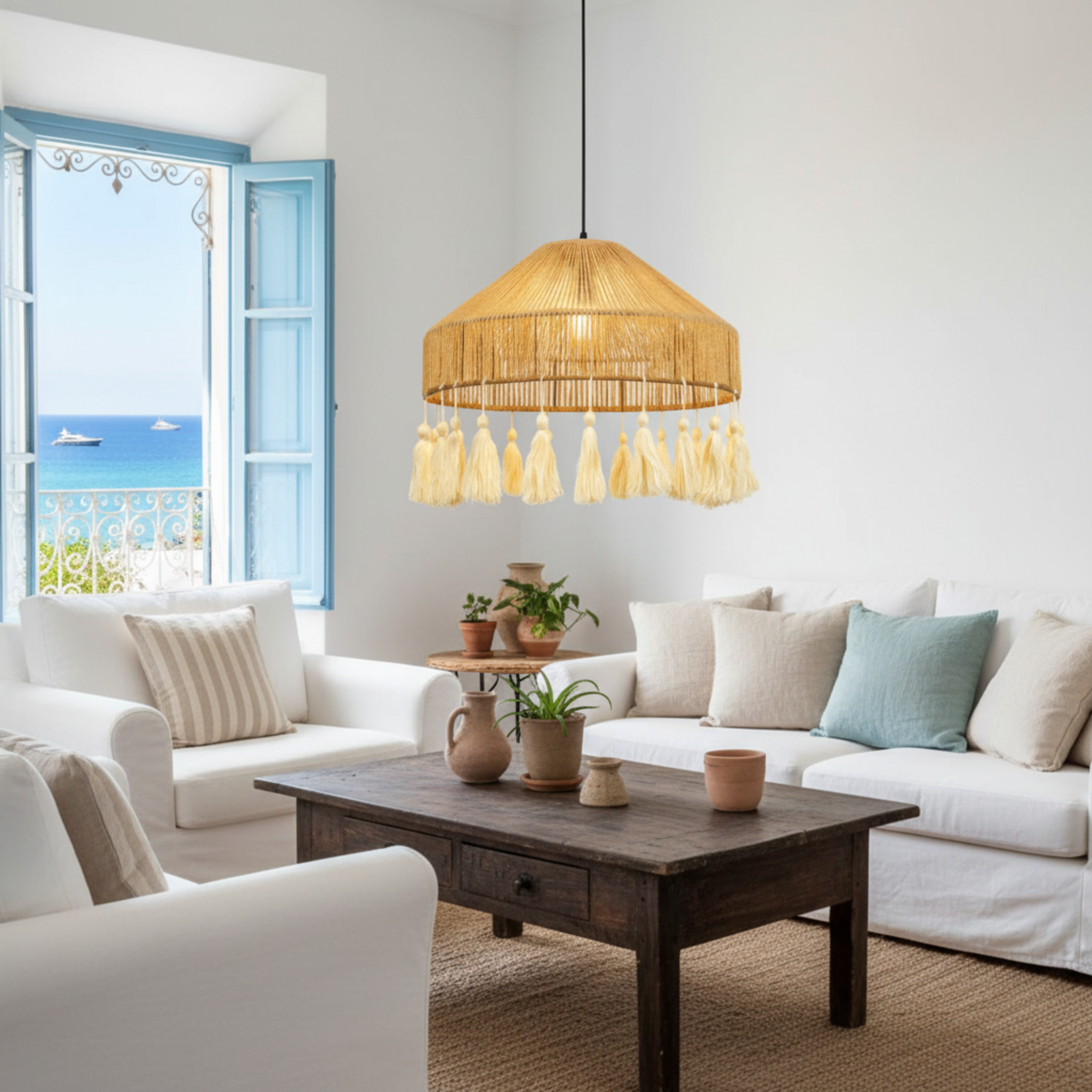 Suspension "Elyssa" Double Niveau en Jute Naturel et Pompons