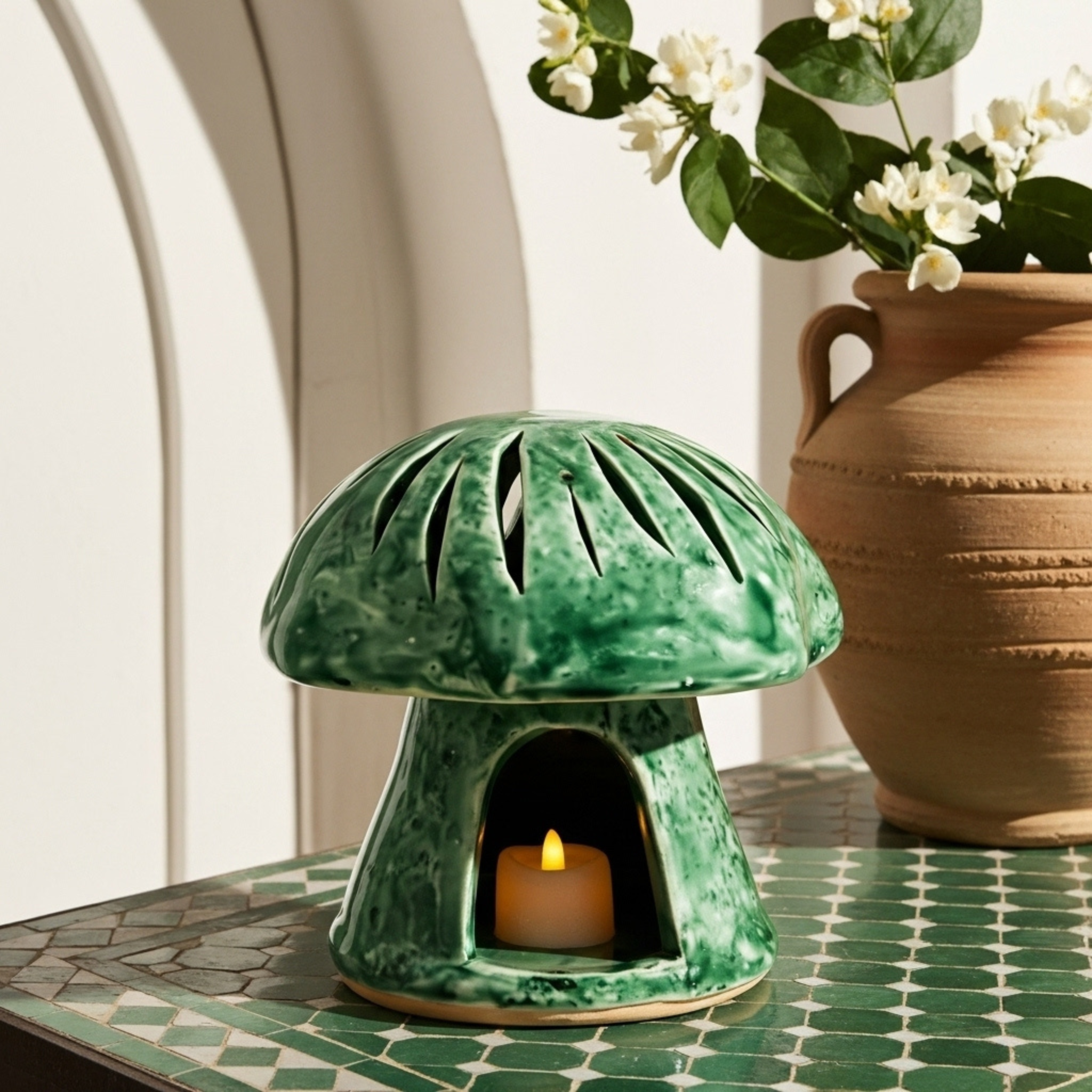 Cache-bougie Champignon en Céramique – Vert Émaillé Tunisien