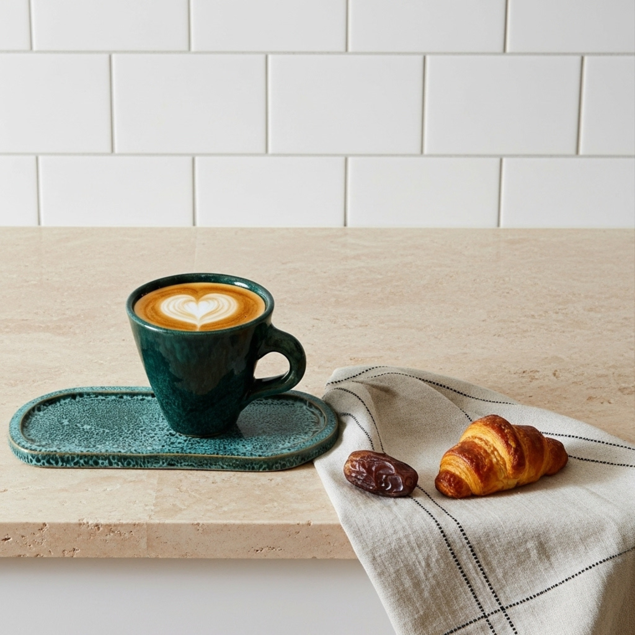 Tasse Café au Lait + Plateau – Céramique Artisanale Verte