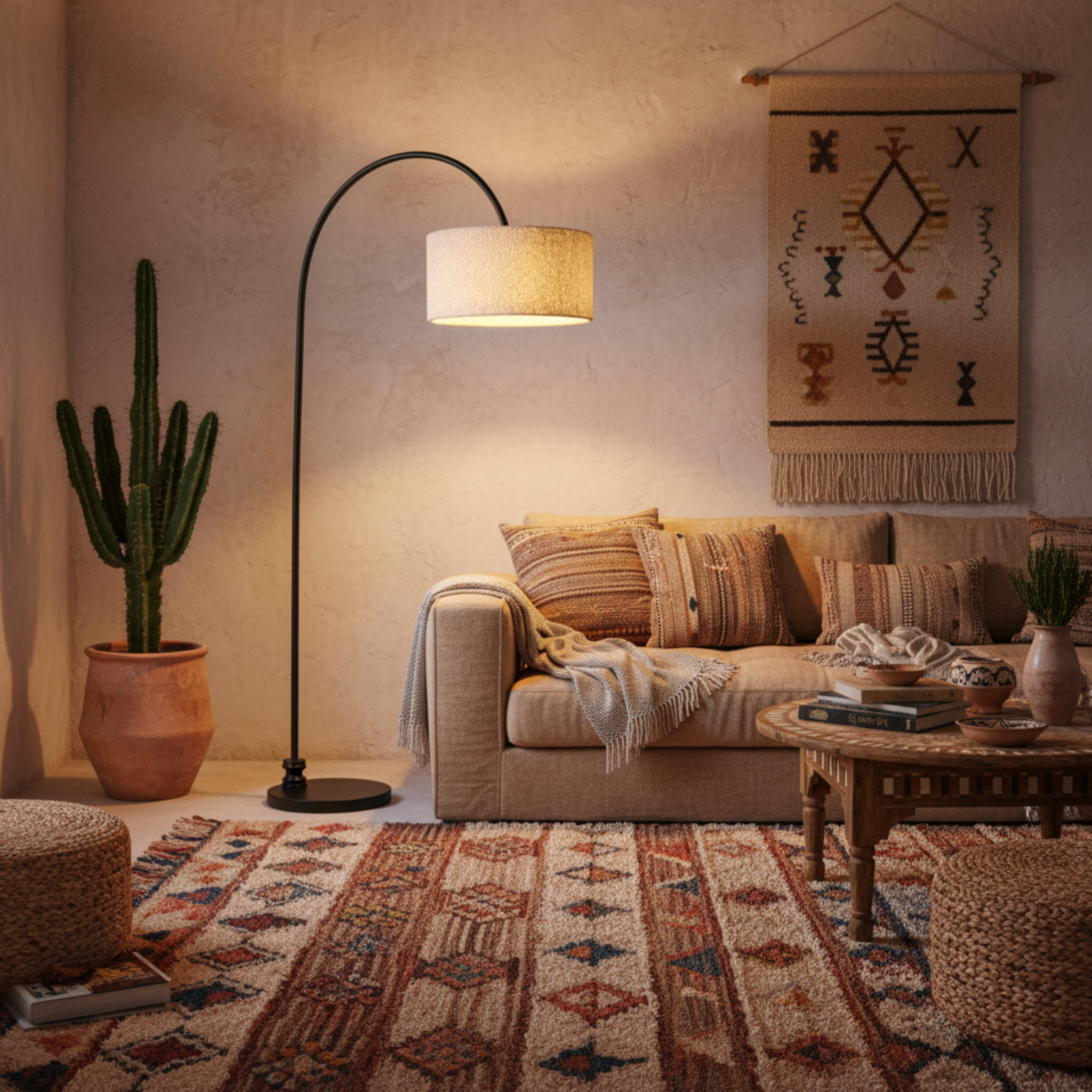 Lampadaire Girafe Design – Arc Métal & Abat-Jour Tissu Bouclette