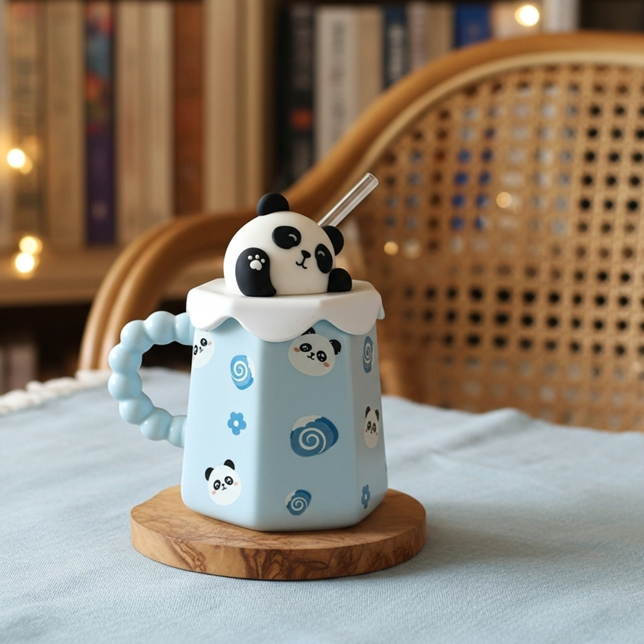 Mug Panda Bleu avec Paille – Couvercle 3D & Poignée Perlée