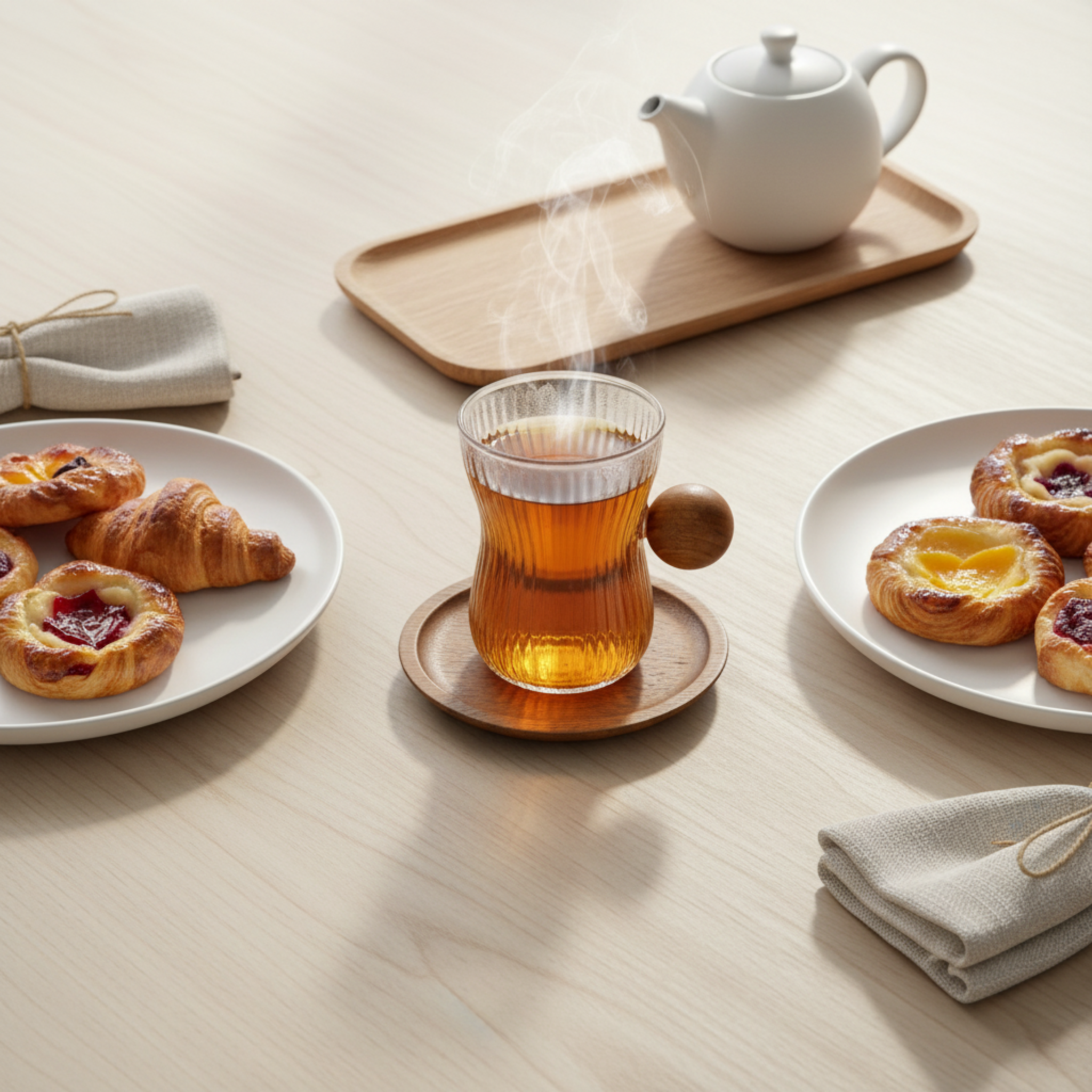 Service à Thé en Verre Côtelé & Manche Boule Bois - Achat Tunisie | Fiolla Home