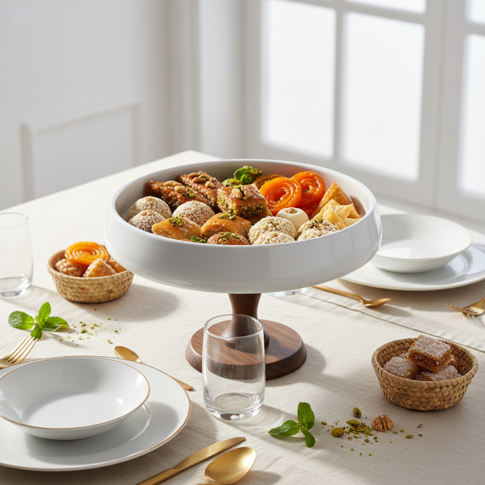 Présentoir sur Pied Design – Céramique Blanche & Bois Massif