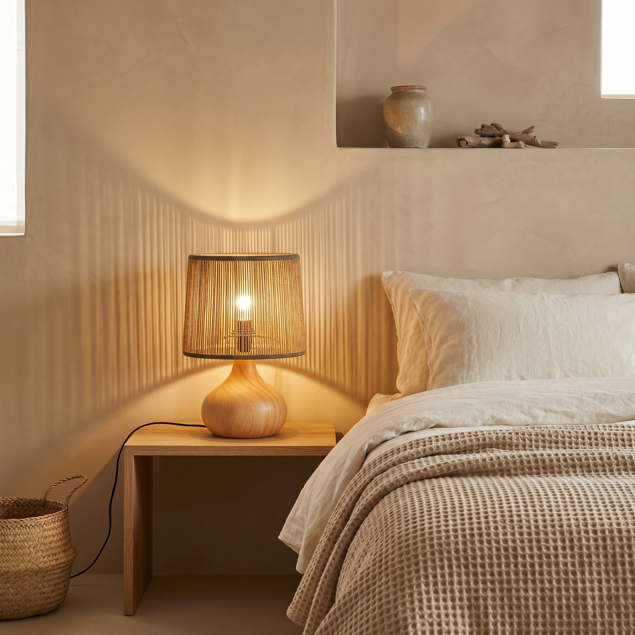 Lampe à Poser Boho | Design Jute & Bois Fait Main | Fiolla Home