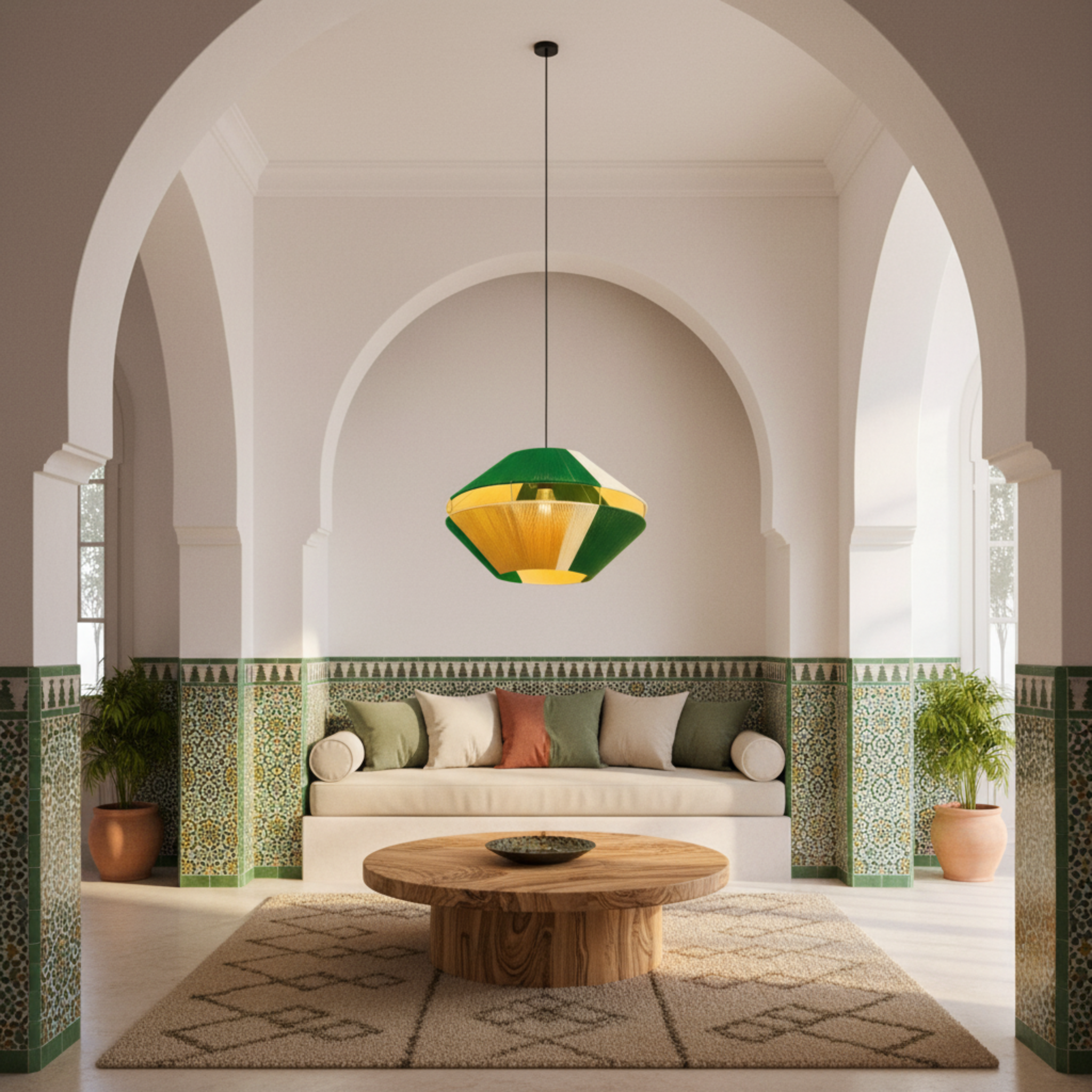 Suspension Géométrique Bicolore Vert & Jaune Fait Main | Design Tunisien Unique