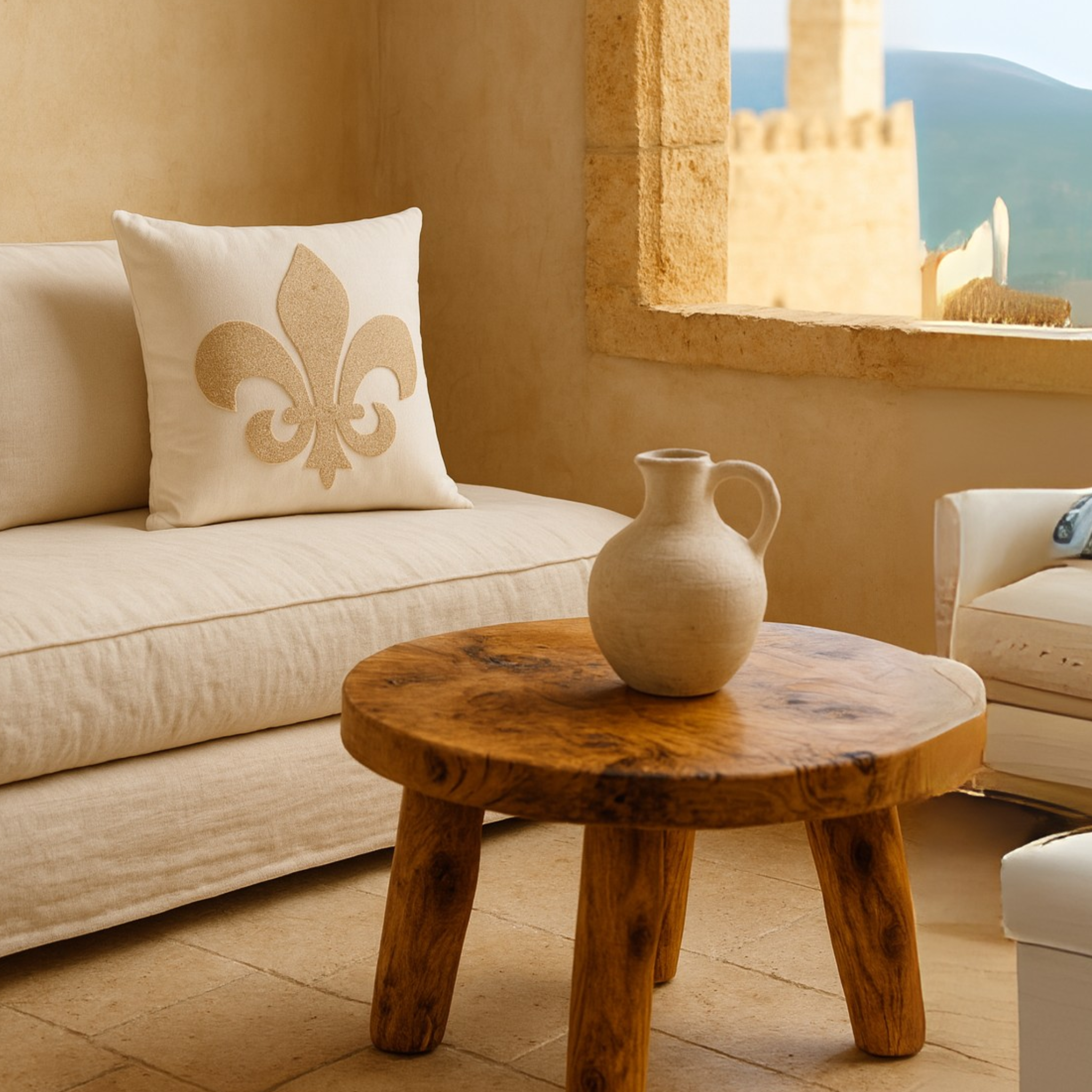 Coussin Fleur de Lys Beige – Élégance Classique | Fiolla Home Tunisie