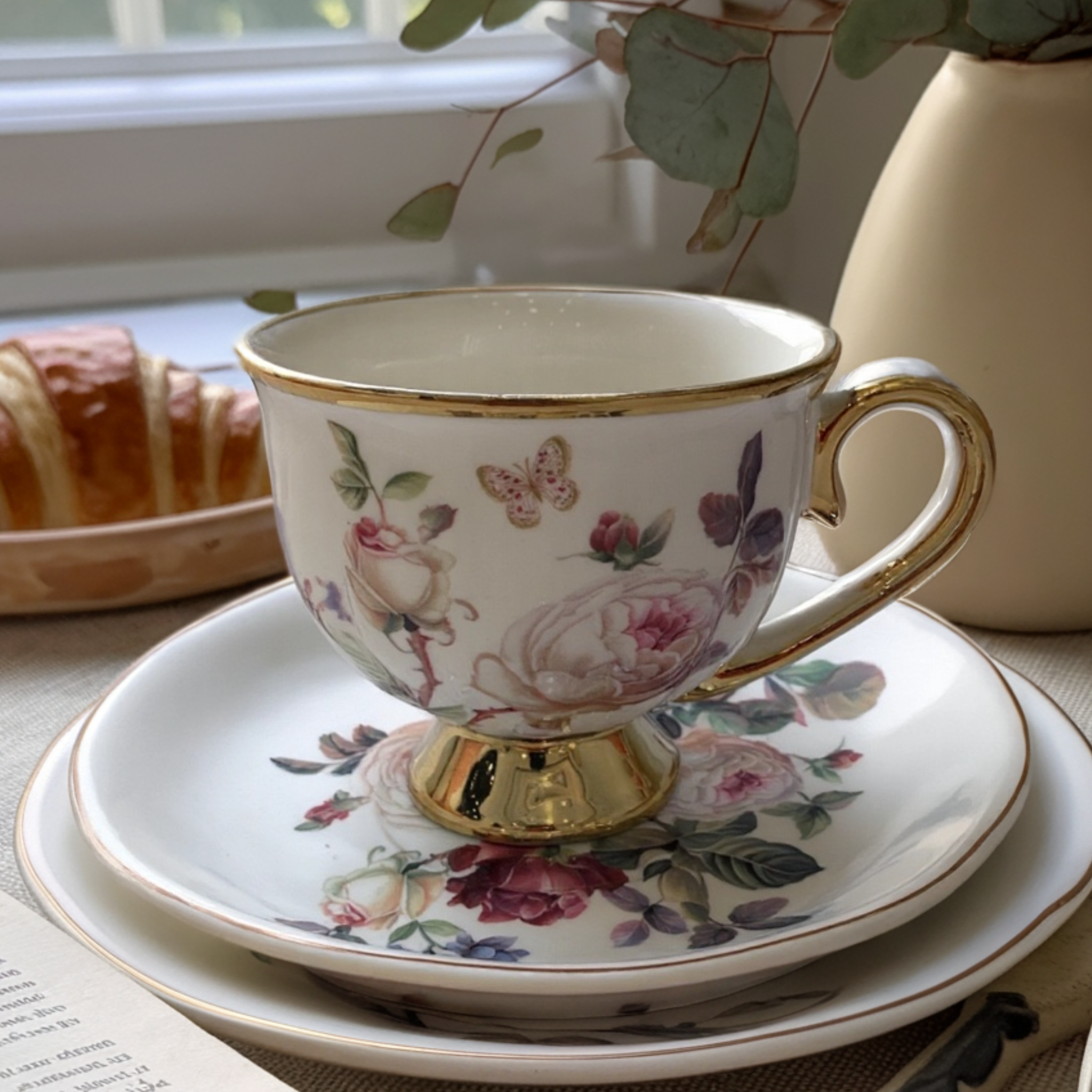 Service Café au Lait en Porcelaine Fleurie | Élégance Dorée | Fiolla Home