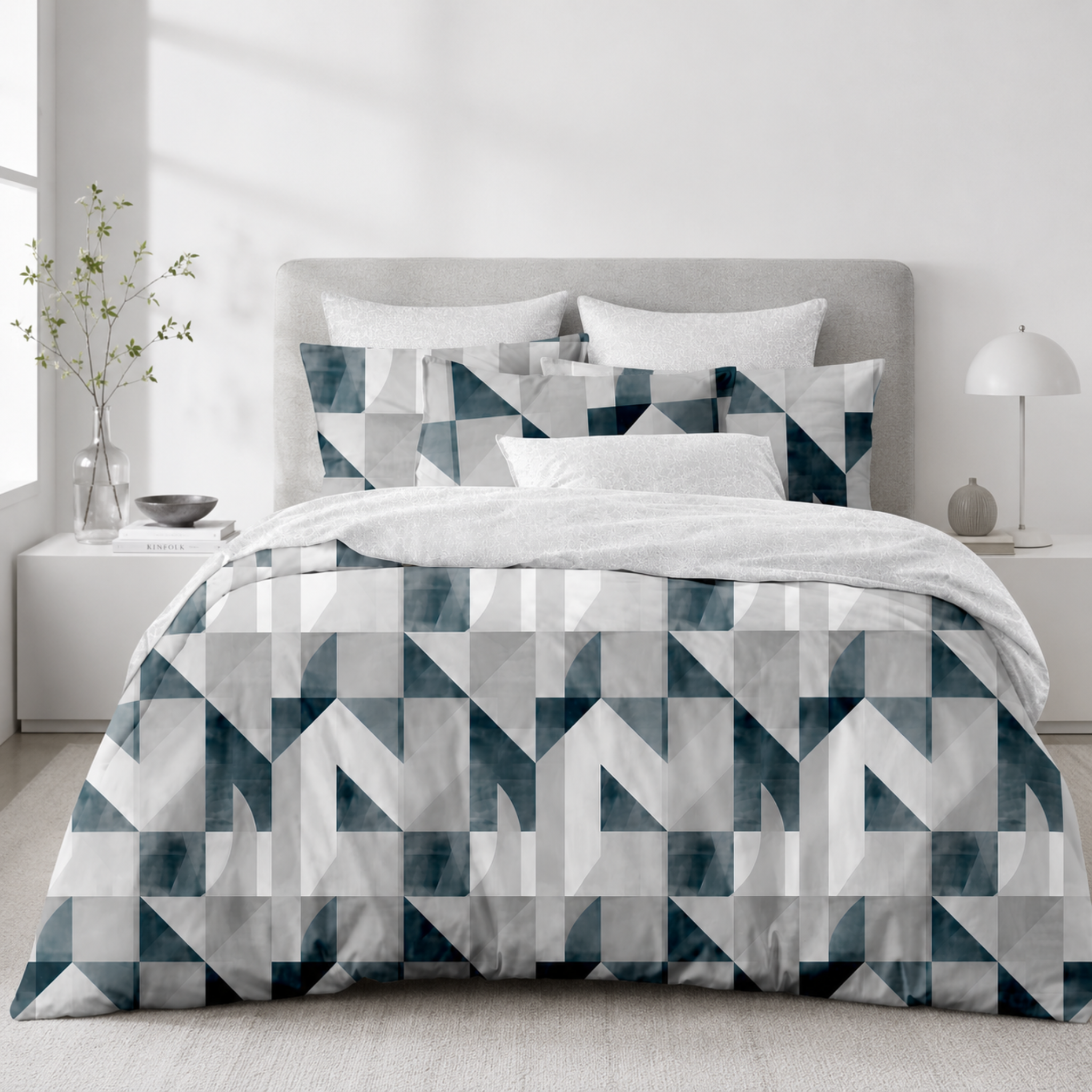 Ensemble Parure de Lit Satin Coton Motif Géométrique Bleu Pétrole | Fiolla Home