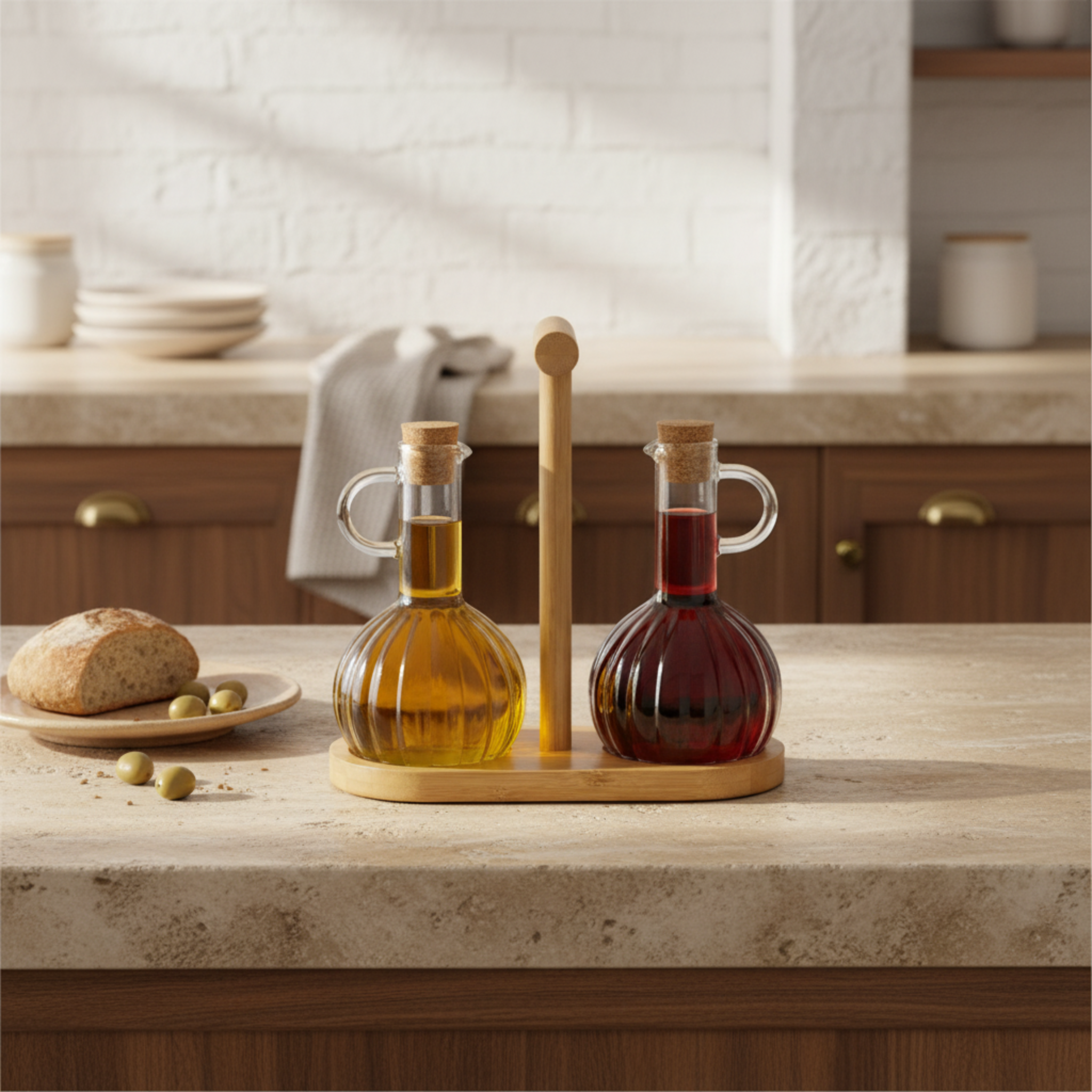 Duo Huilier & Vinaigrier en Verre avec Support Bois – Style Tunisien