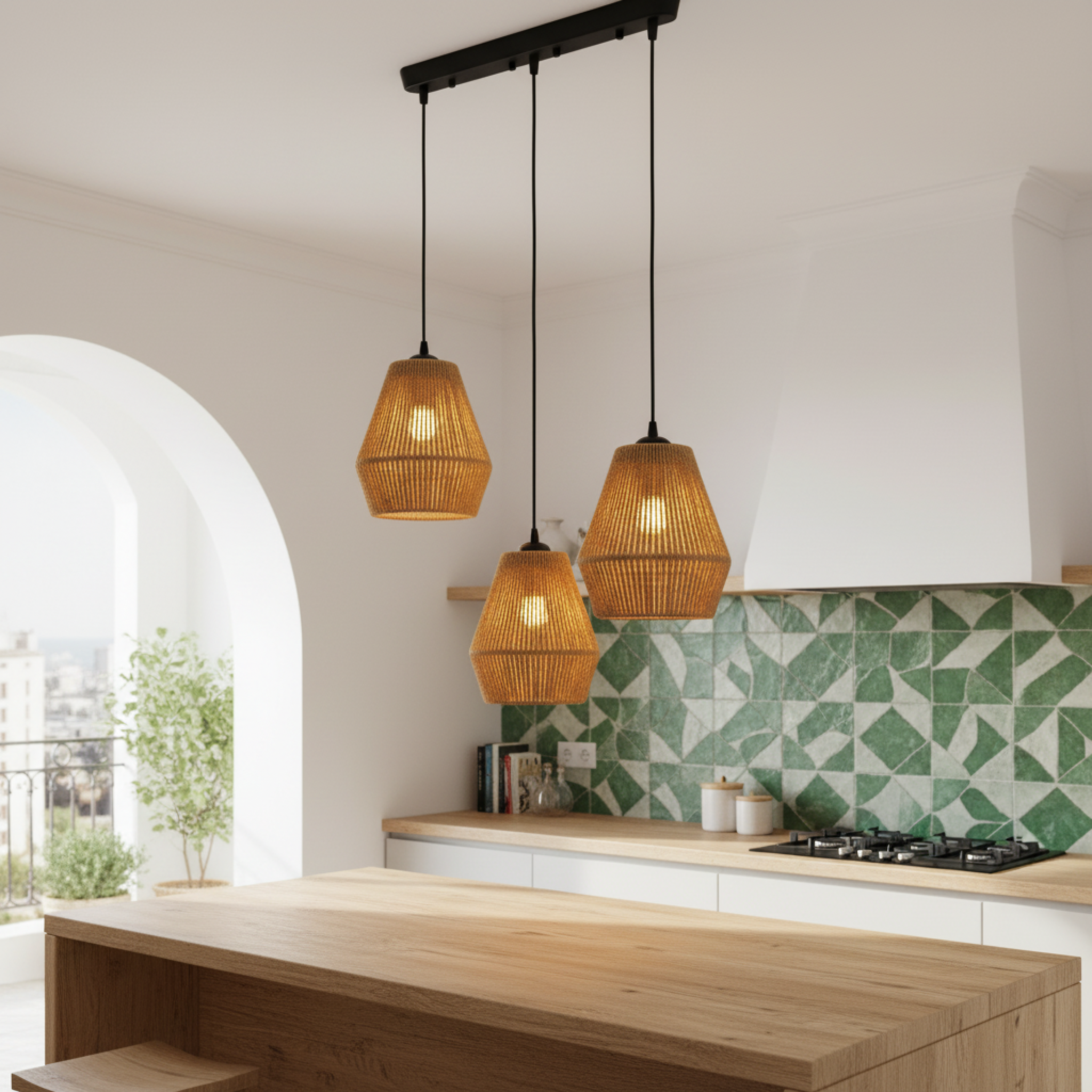 Suspension Barre 3 Lampes "Trio" – Lustre en Jute Tressé pour Îlot