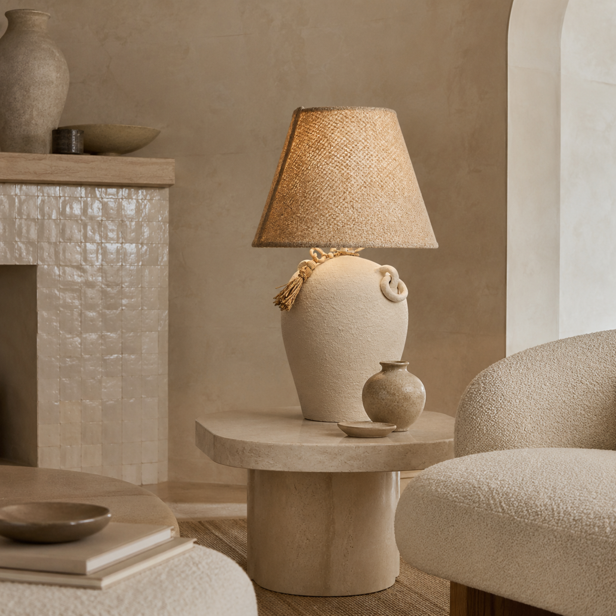 Lampe Pied Tapoté Céramique Abat-Jour Bouclette Tunisie | Fiolla Home