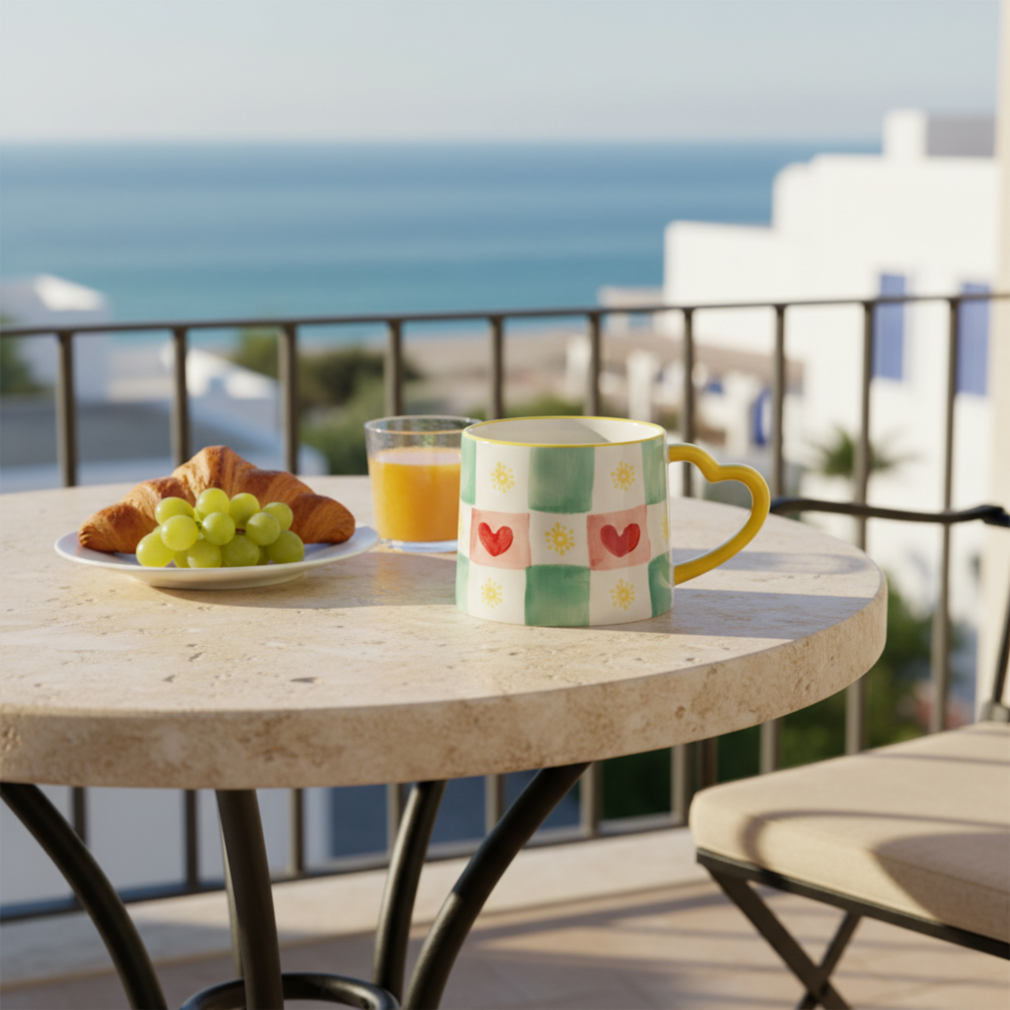 Mug Damier Vert et Cœurs | Anse Jaune en Forme de Cœur