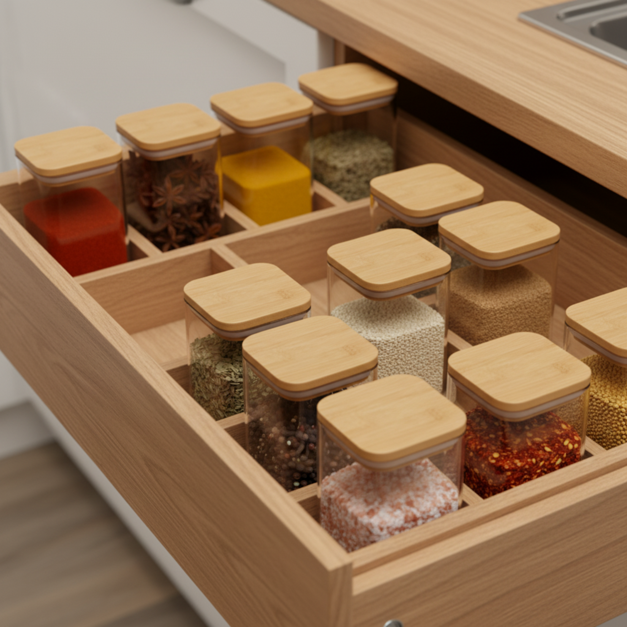 Set 12 Pots Épices Verre & Bambou – Rangement Cuisine Design