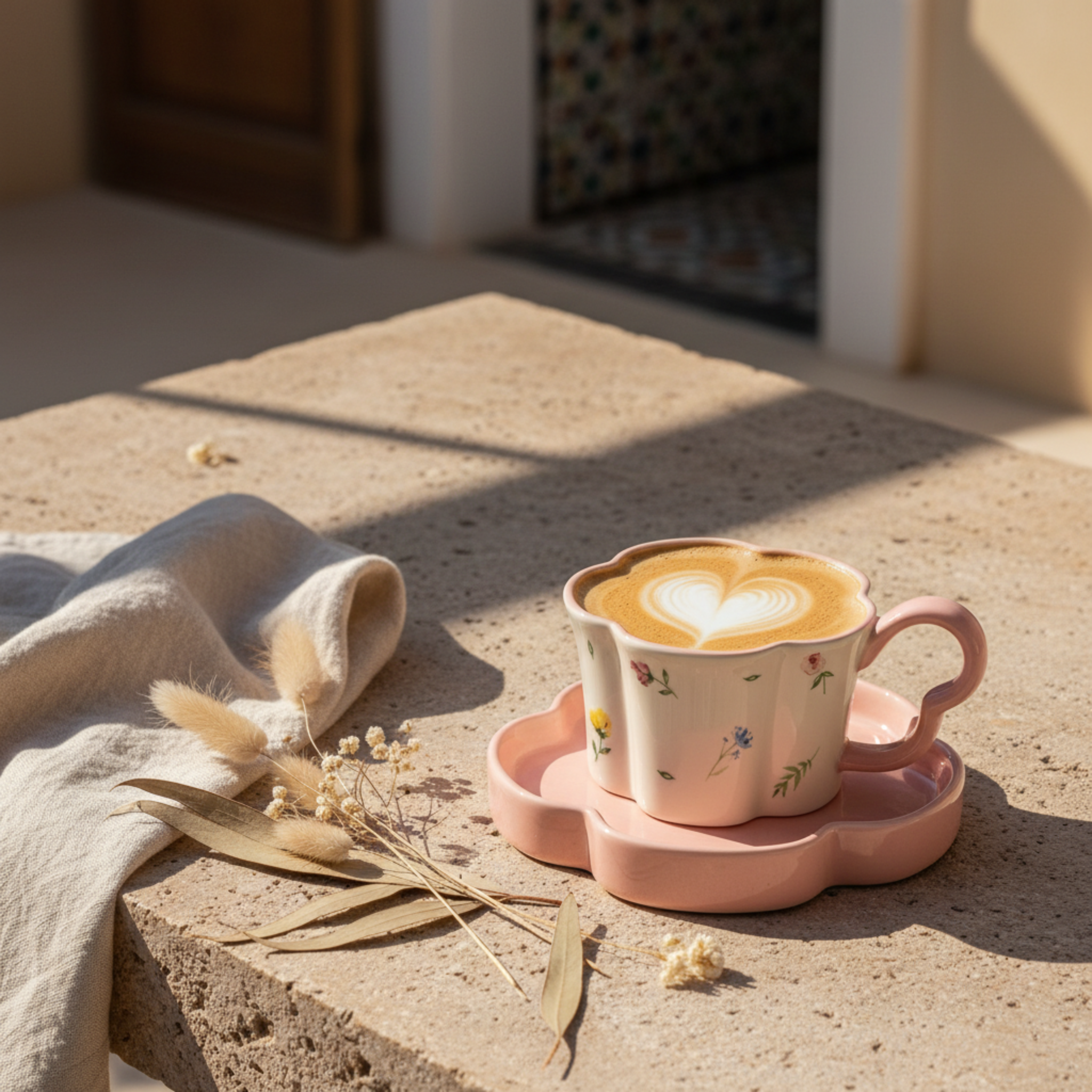 Mug Fleur Rose Céramique & Soucoupe – Idée Cadeau Cute Tunisie