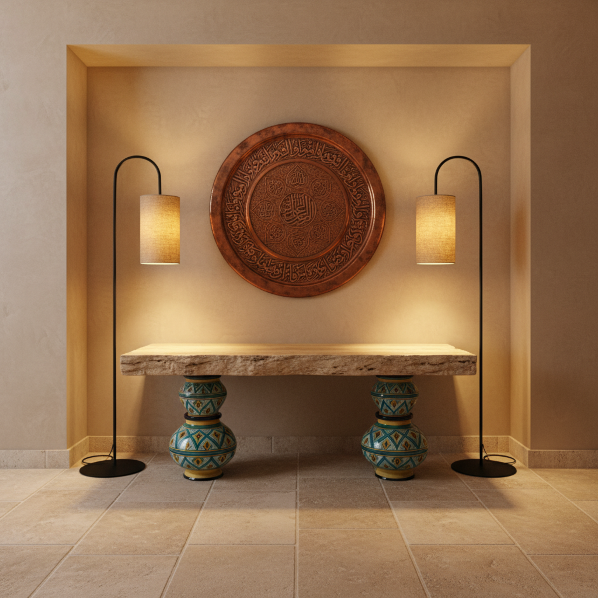 Lampadaire Arc Métal Noir Abat-Jour Lin Beige Design | Fiolla Home