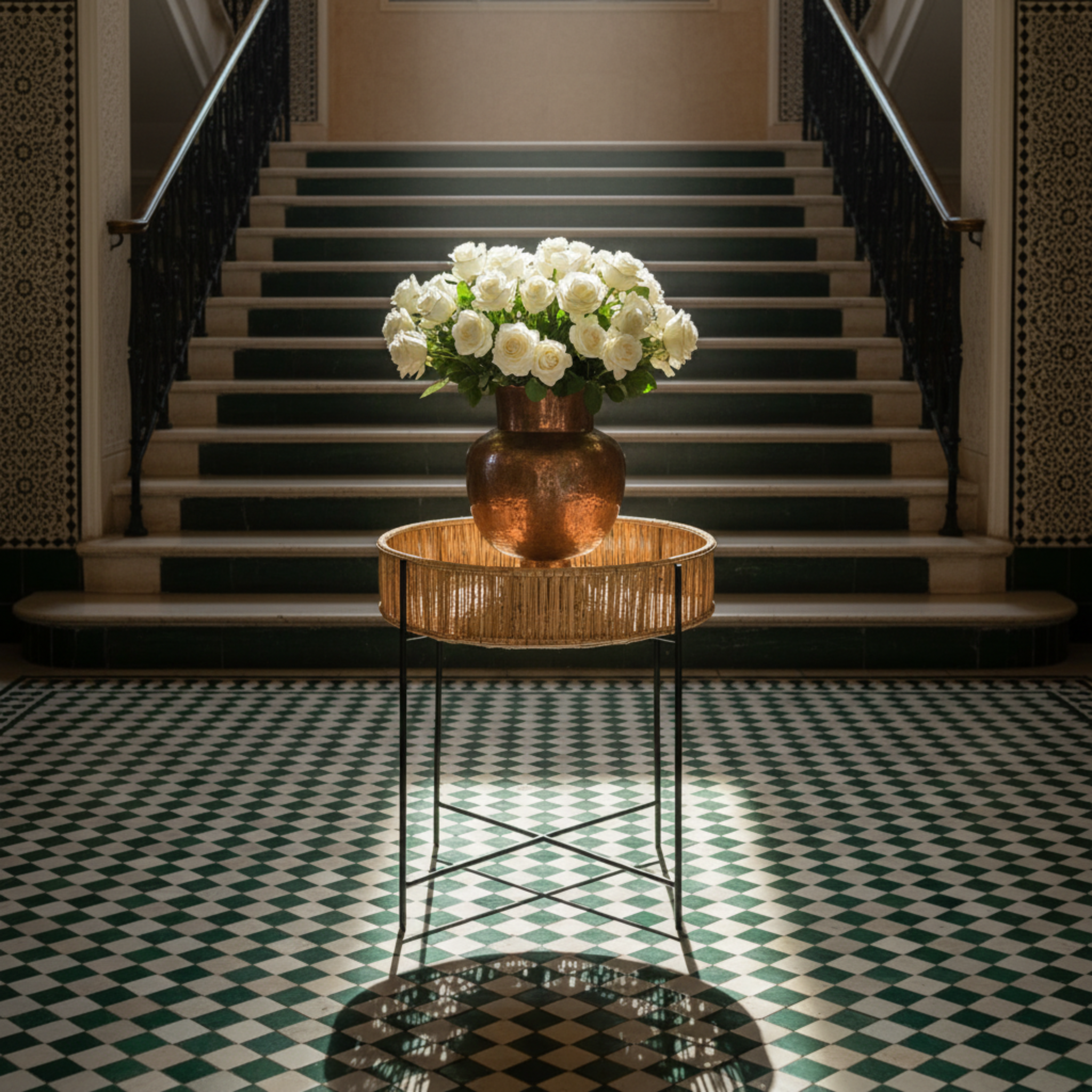 Table d'Appoint Ronde Fibres de Palmier & Métal Noir | Fiolla Home