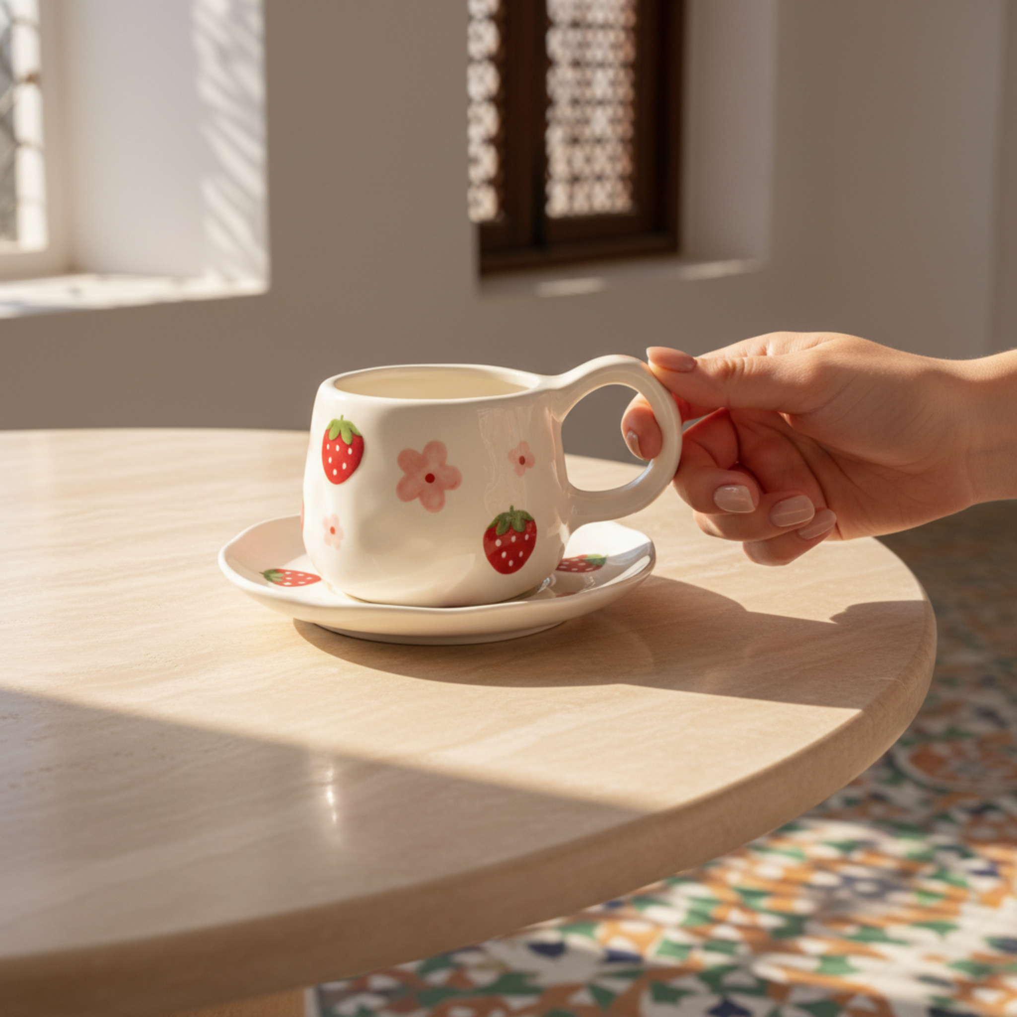 Tasse Céramique Motif Fraise & Soucoupe – Design Floral Tendance