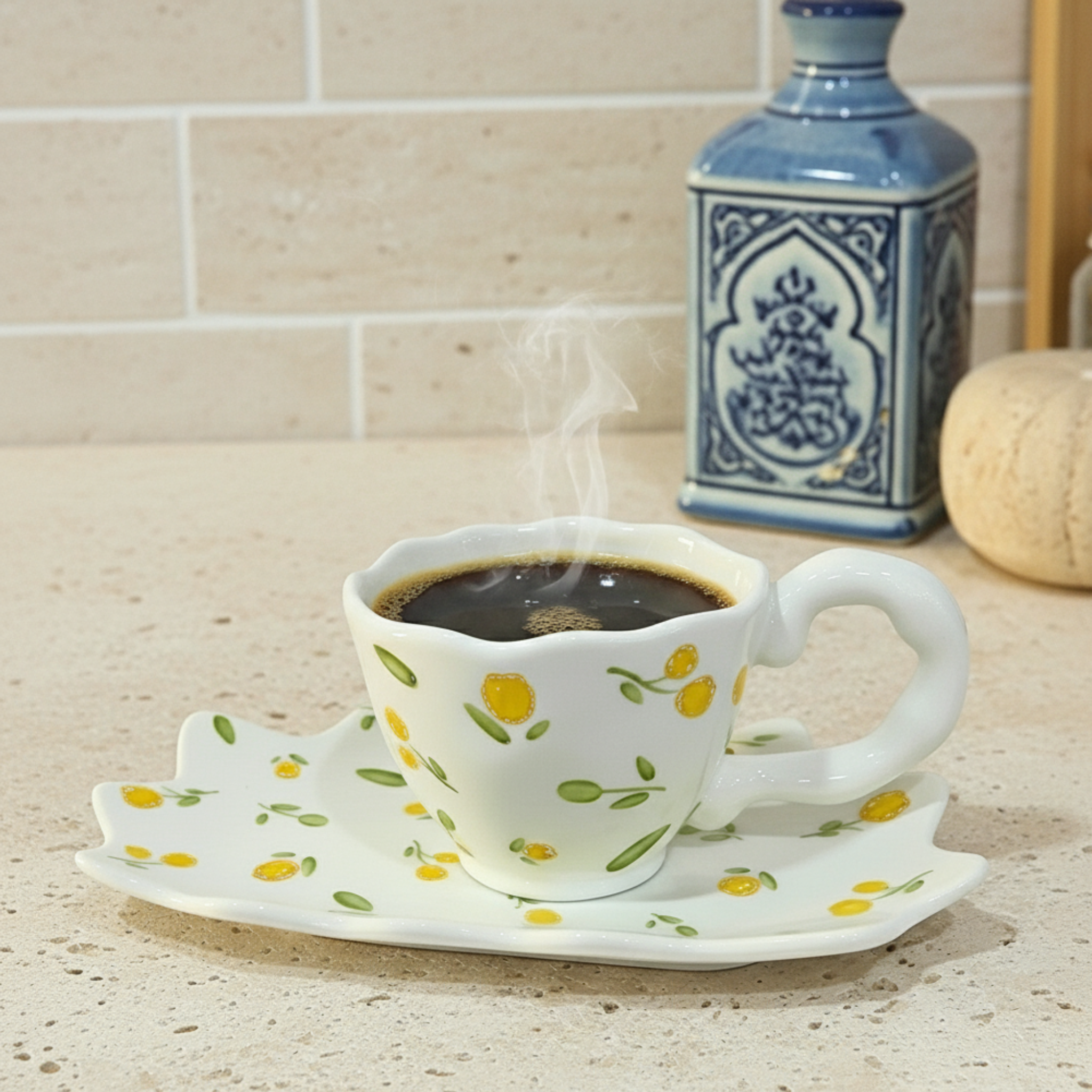 Tasse Fleurie Jaune – Céramique Élégante avec Soucoupe Fiolla Home