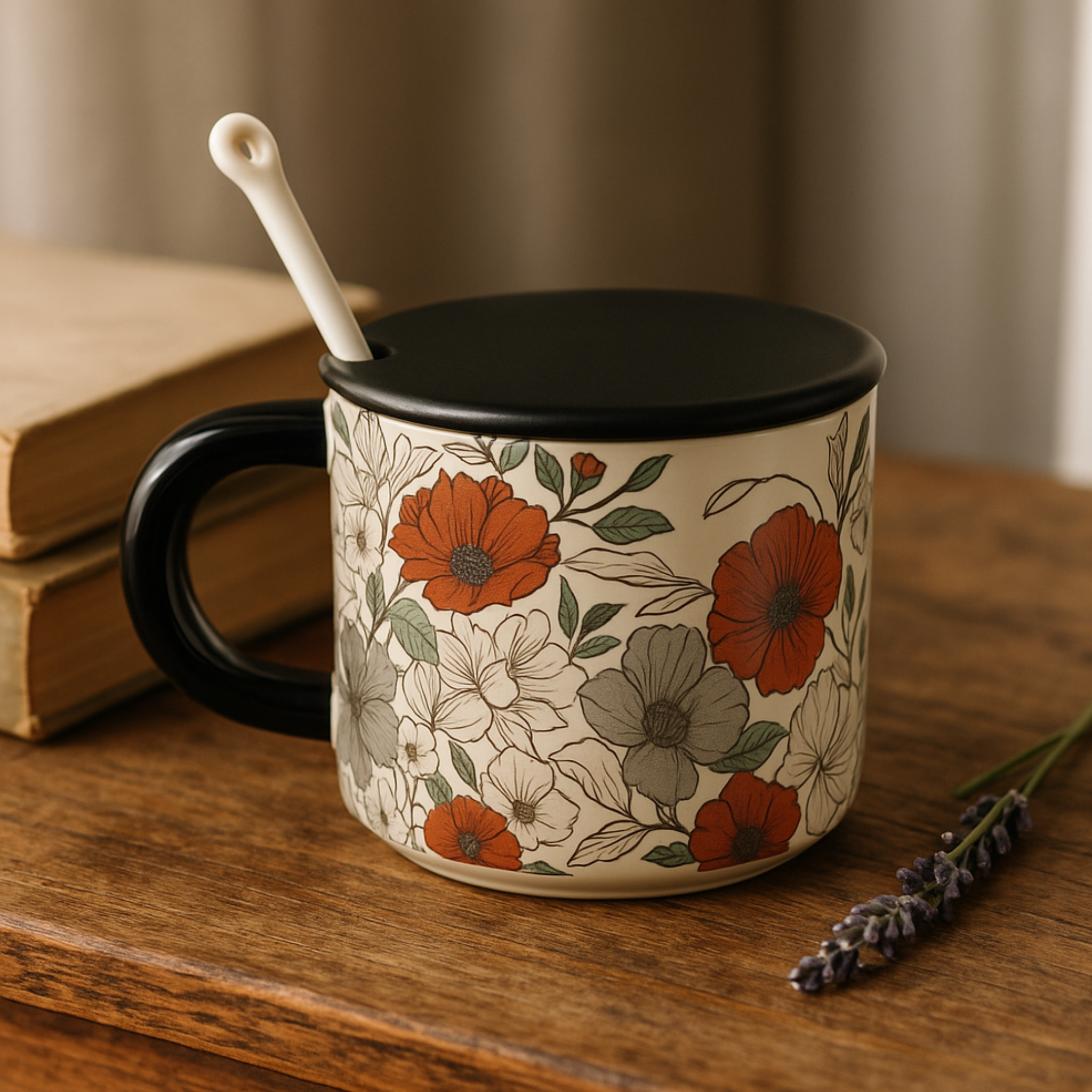 Mug avec Couvercle et Cuillère | Design Floral Élégant | Fiolla Home