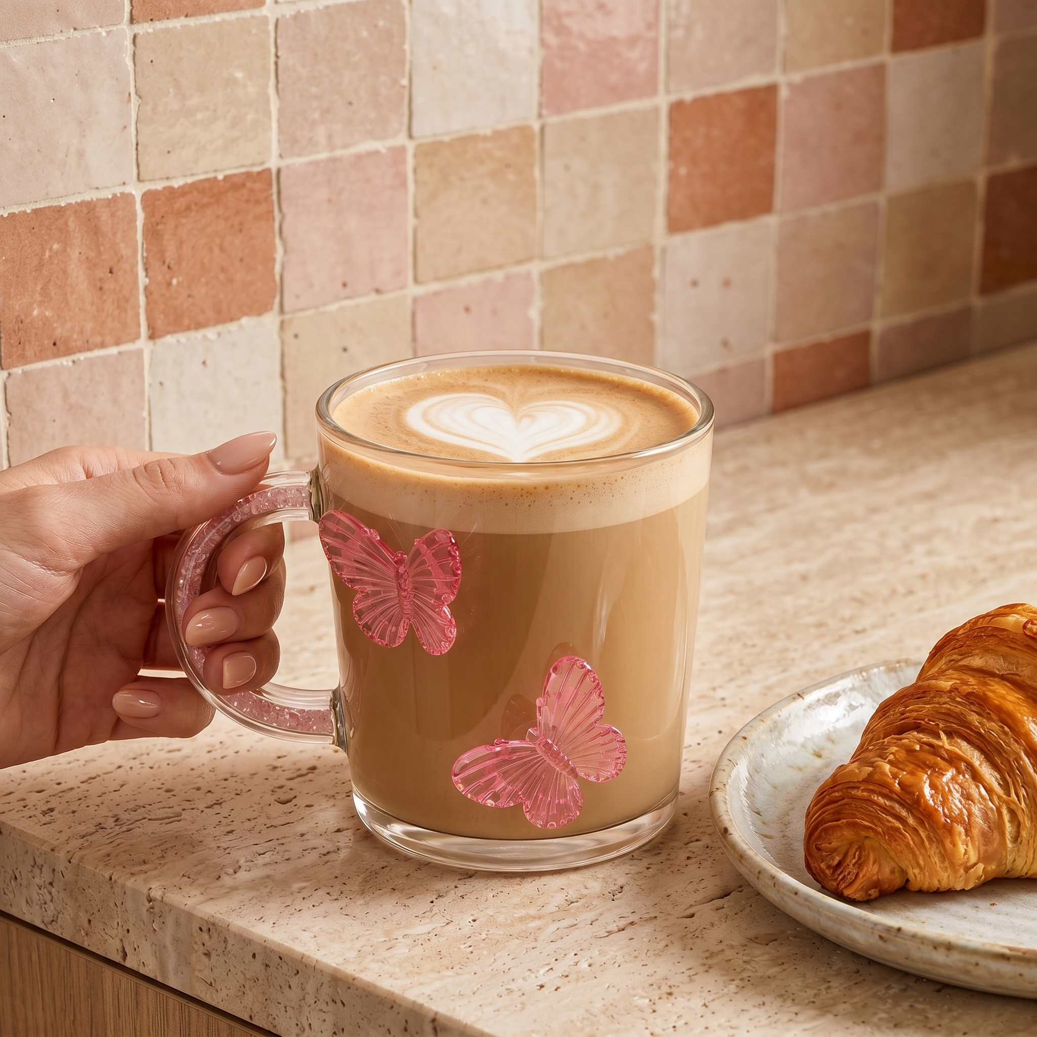Mug Verre Papillon Tunisie | Tasse Café Cristal Rose | Fiolla Home