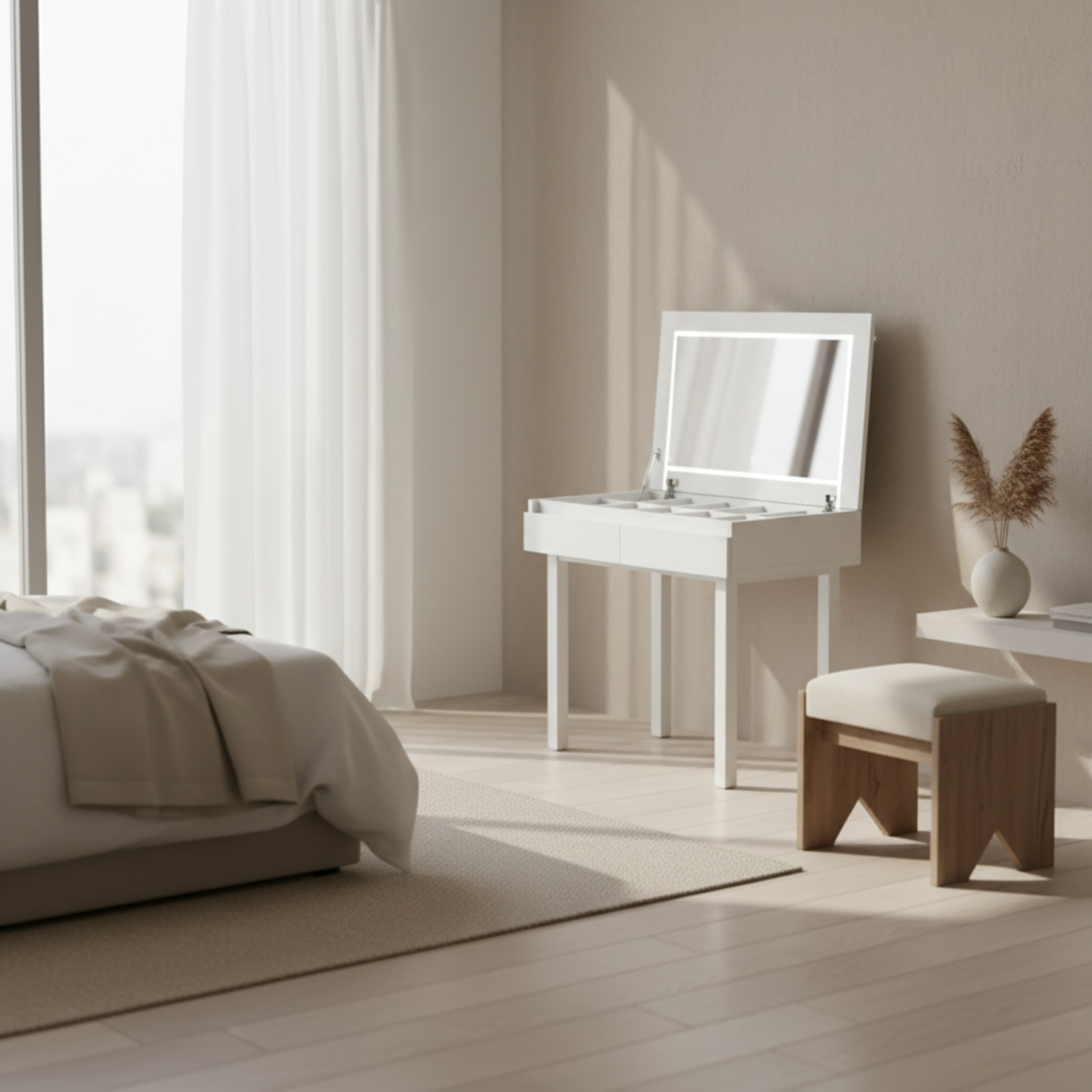 Coiffeuse Bureau 2-en-1 : Miroir LED & Rangement Spacieux - Blanc