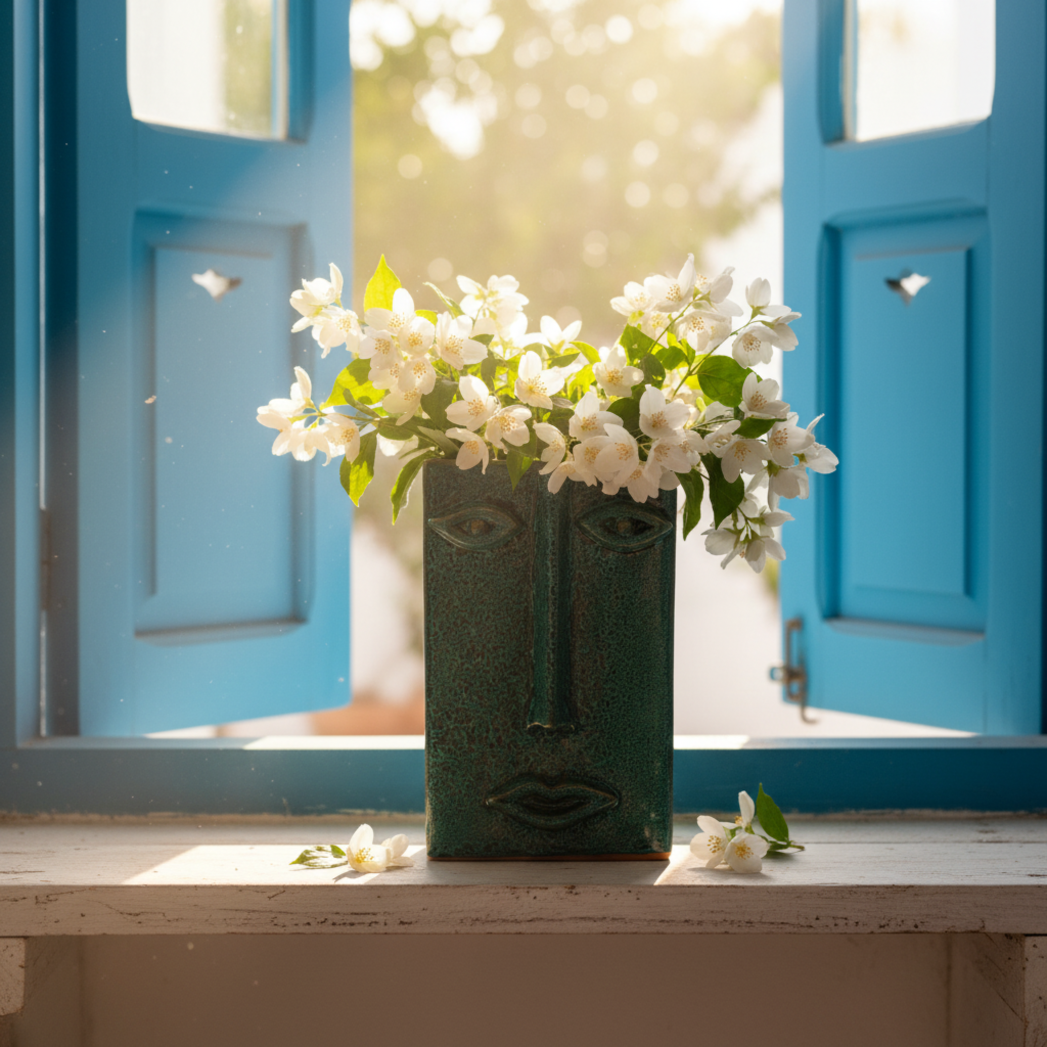 Vase Visage Rectangulaire en Céramique – Émeraude Tunisien