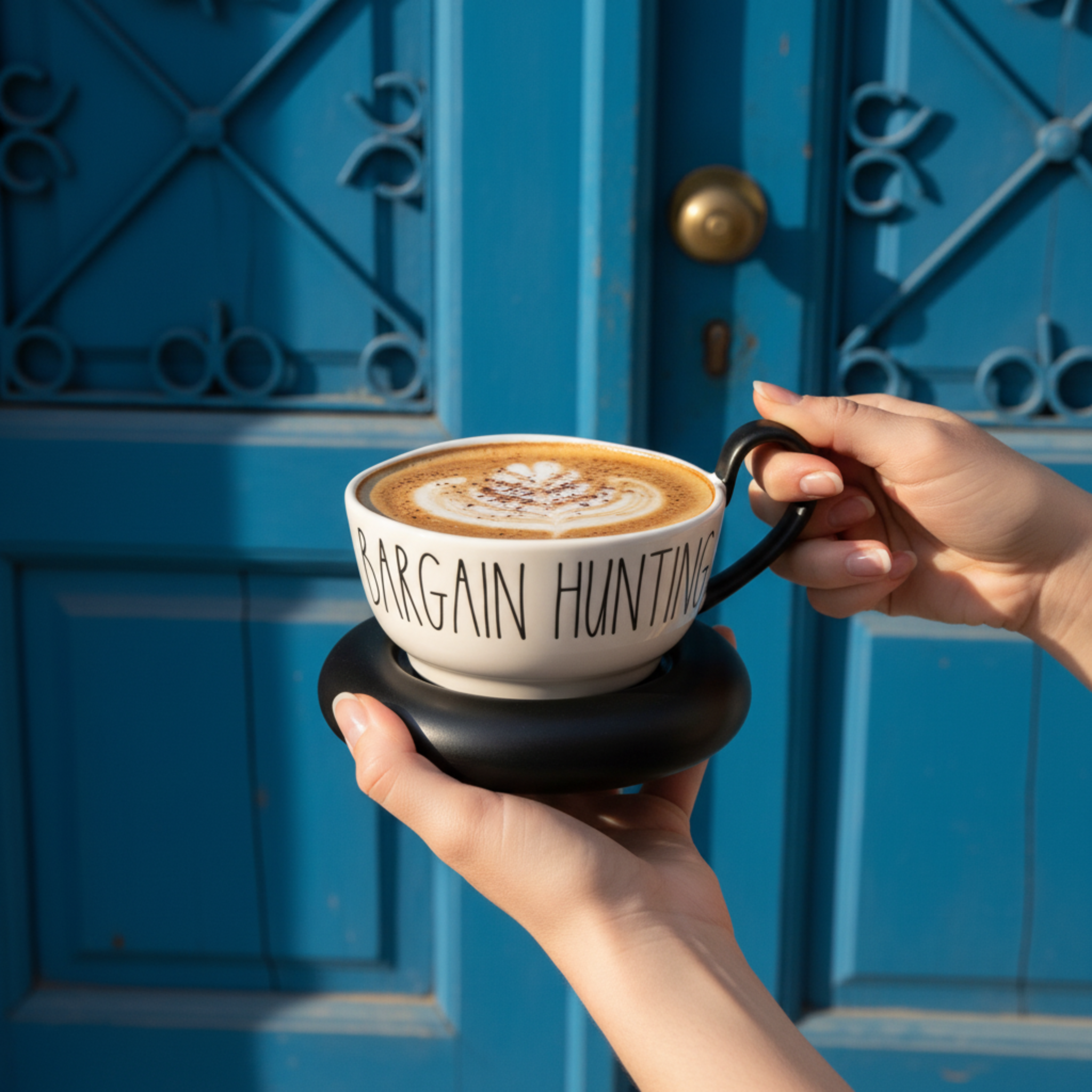 Tasse Large "Bargain Hunting" Noir et Blanc avec Soucoupe Design