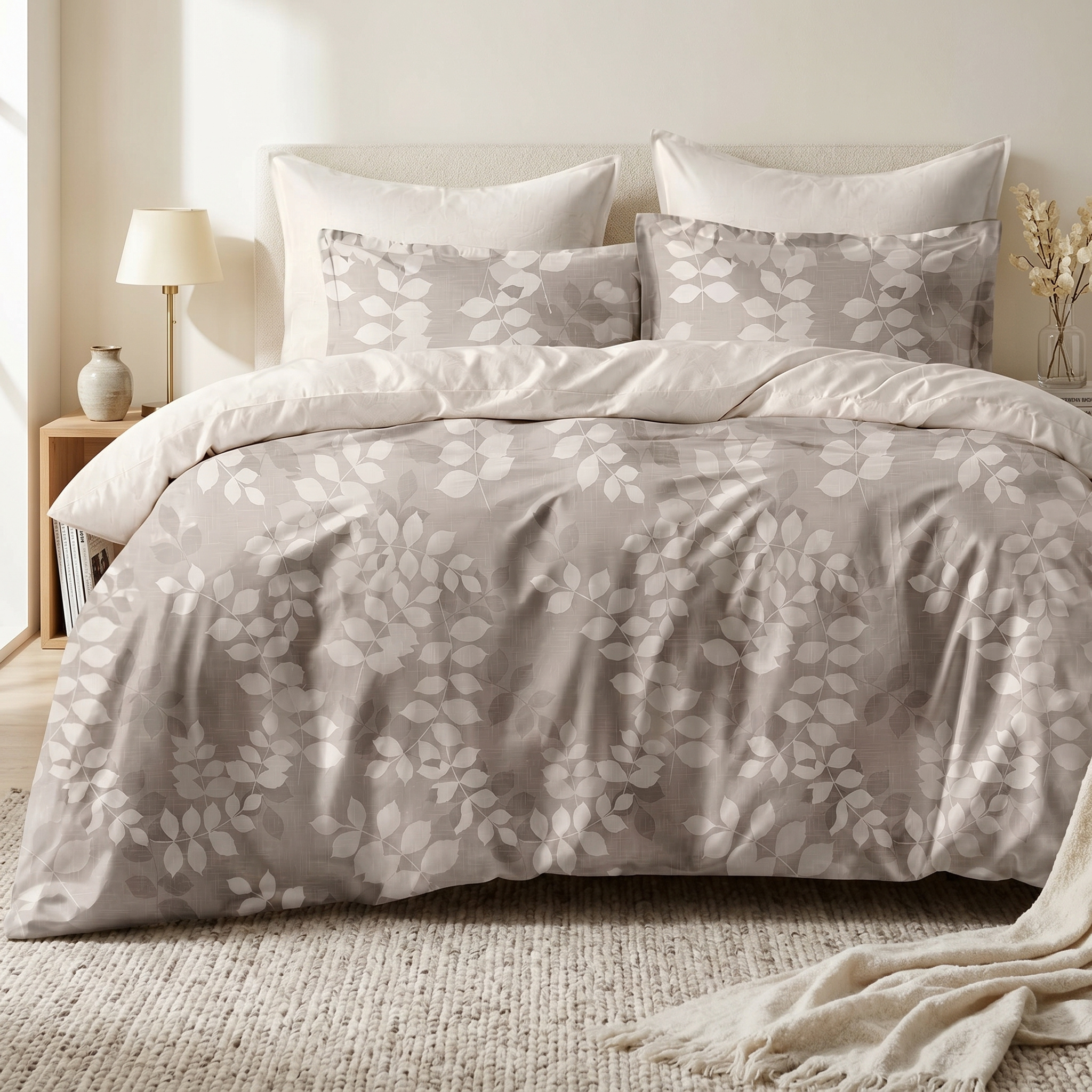 Ensemble Parure de Lit Satin Coton Motif Feuillage Beige | Fiolla Home