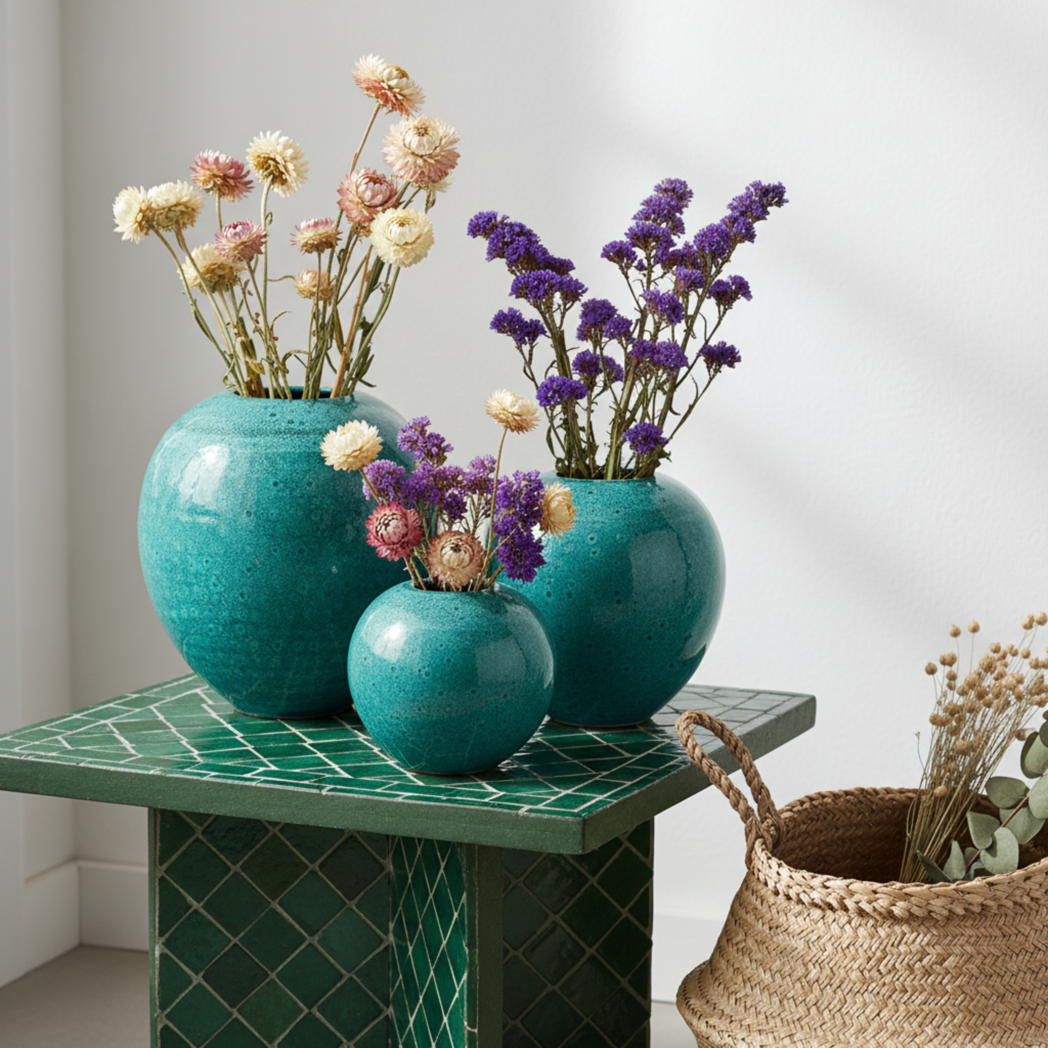 Vases en céramique émaillée – Vert méditerranéen (lot de 3)