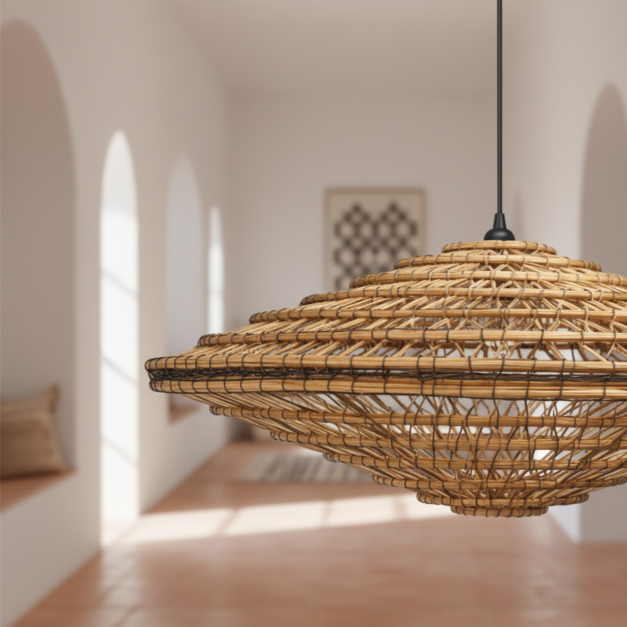 Lustre artisanal en fibres de dattes – Suspension bohème et naturelle