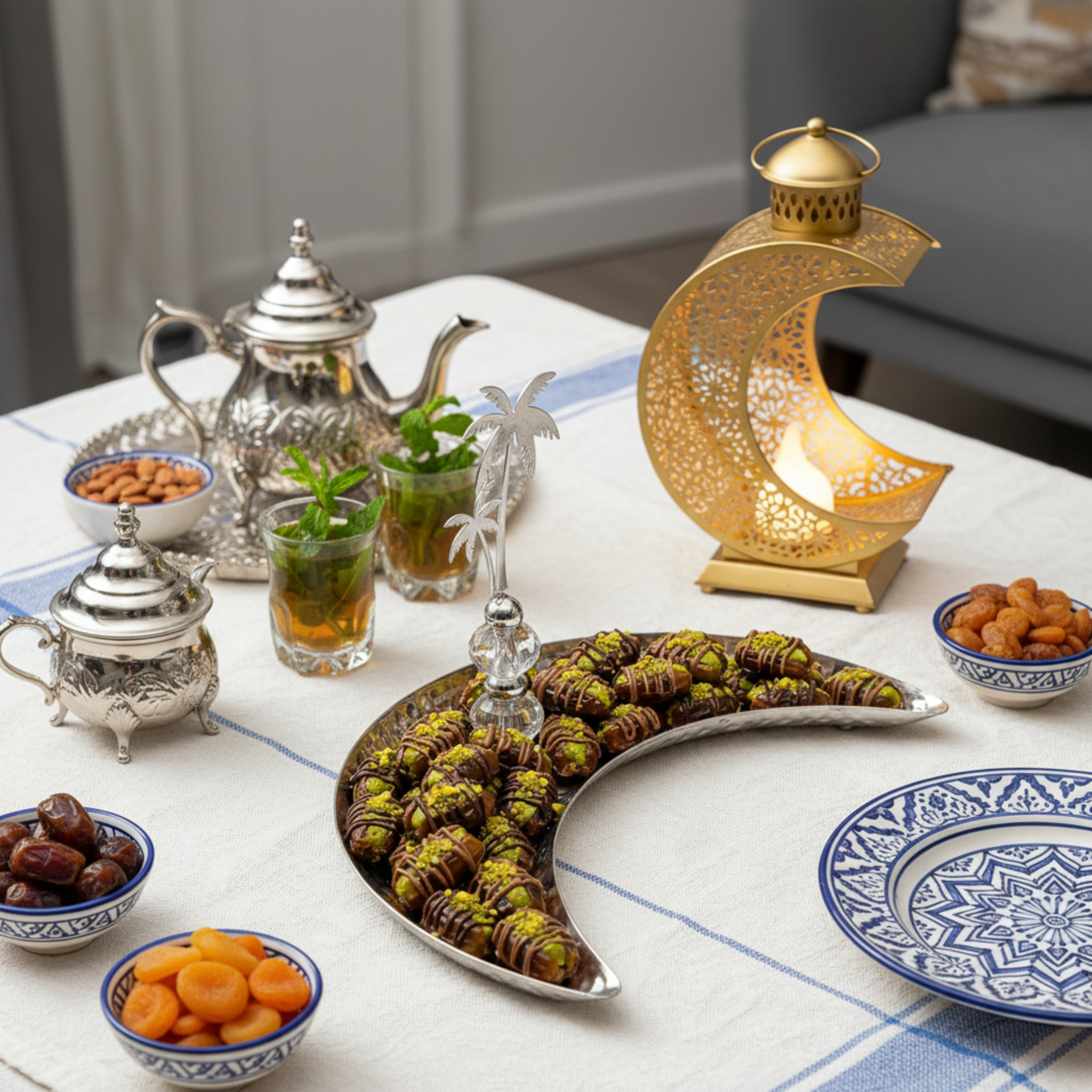 Plateau Croissant de Lune Argenté & Palmier – Déco Table Ramadan