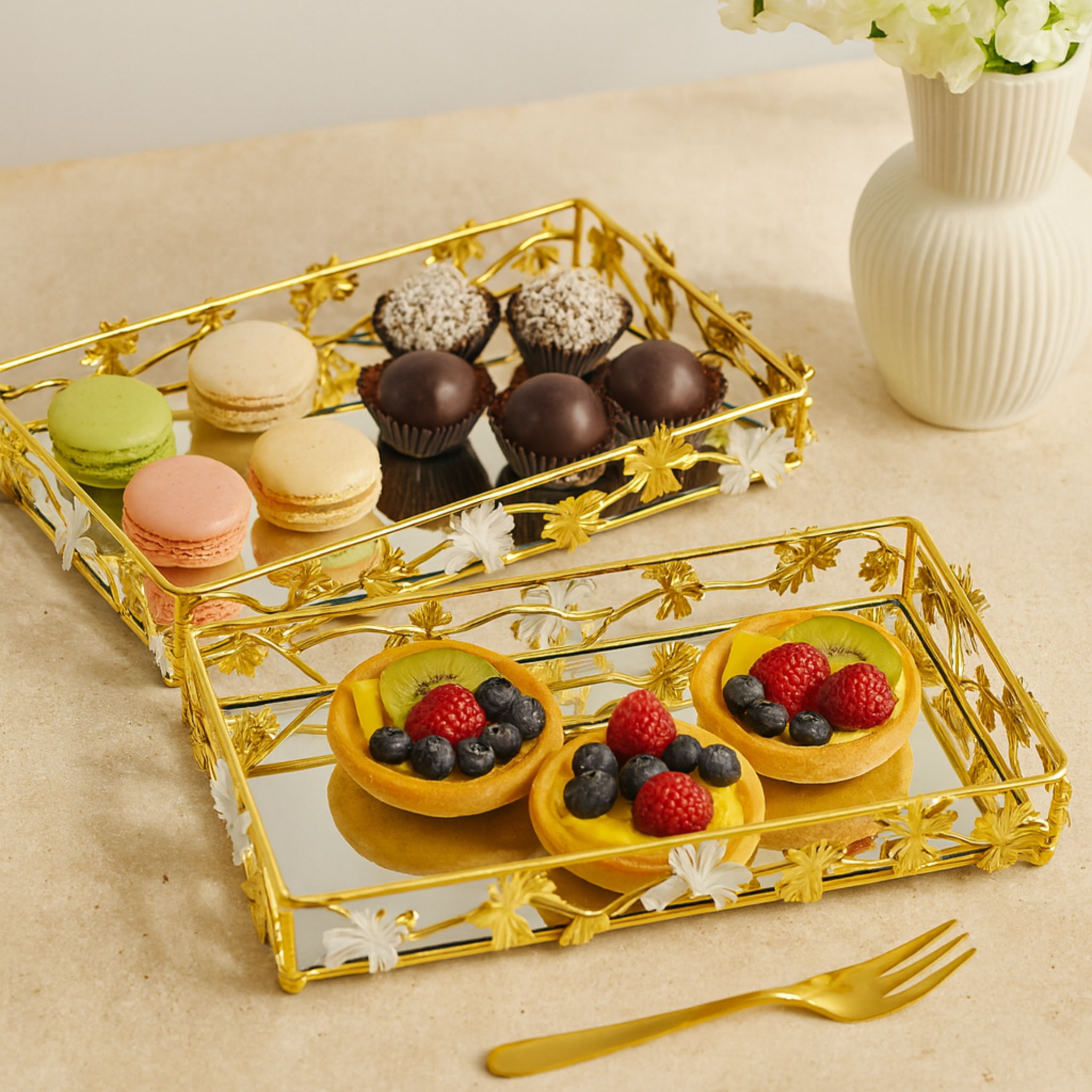 Plateaux de Présentation Dorés avec Miroir | Lot de 2 | Tunisie | Fiolla Home