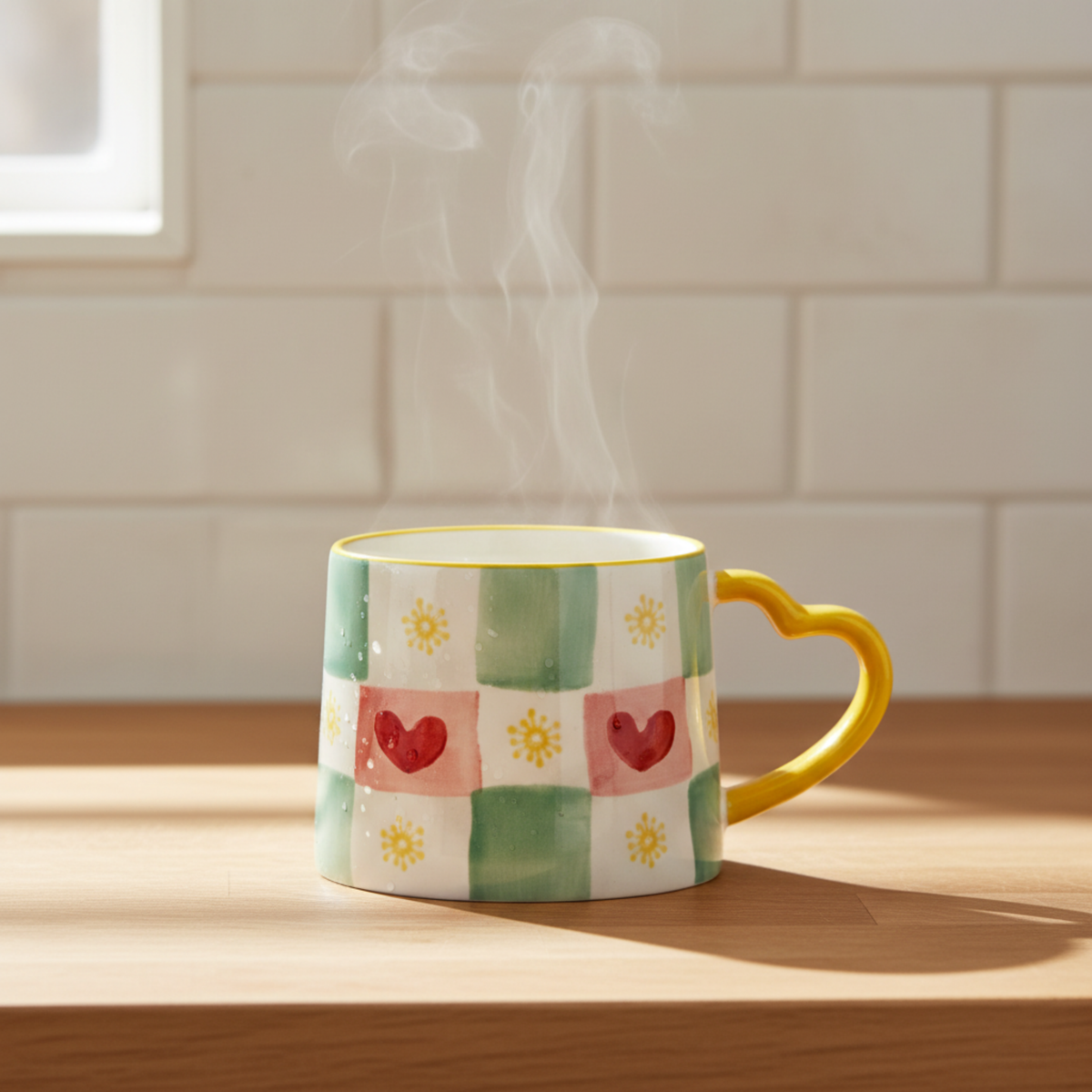 Mug Damier Vert et Cœurs | Anse Jaune en Forme de Cœur