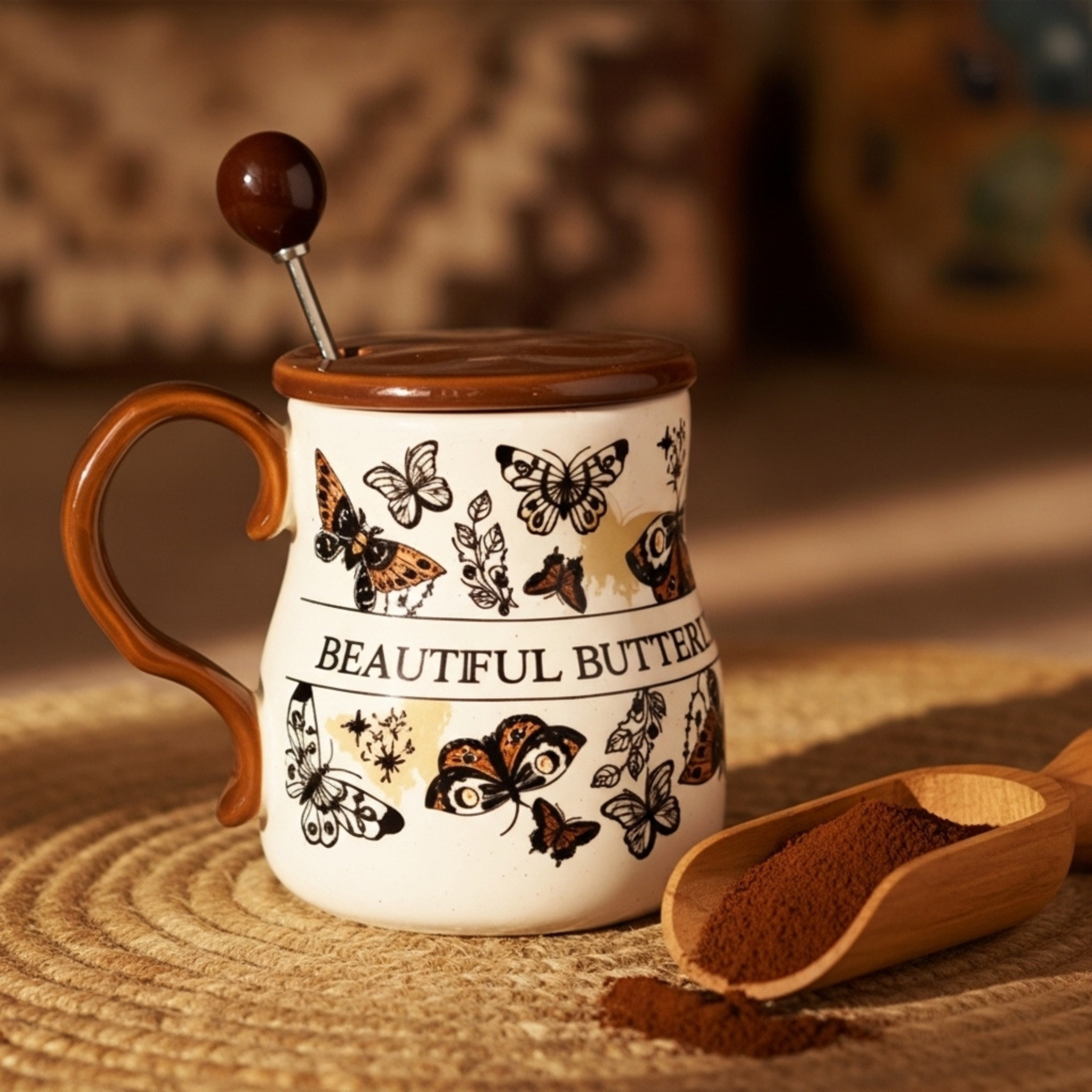 Mug Beautiful Butterfly – Céramique Mouchetée, Couvercle Caramel