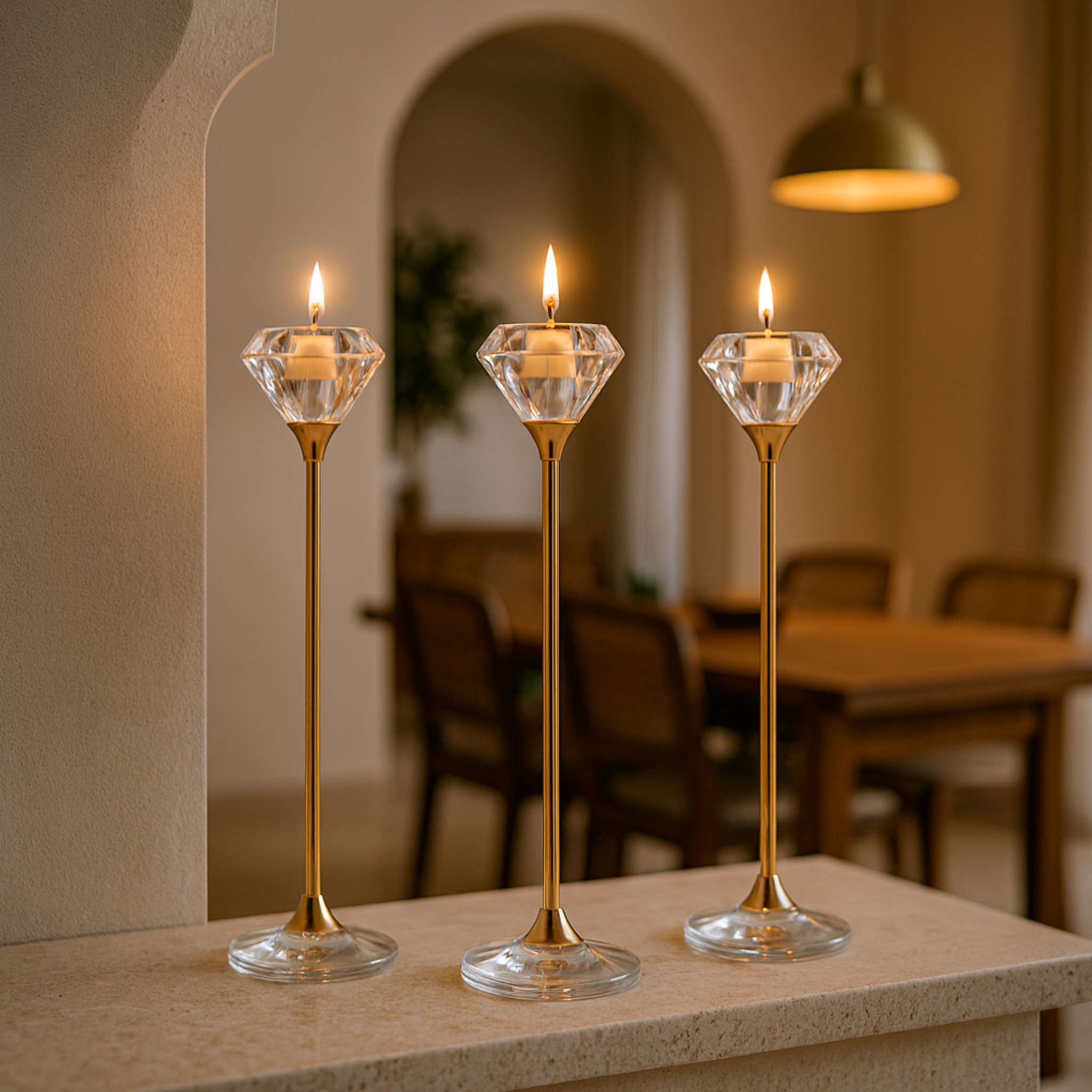 Bougeoirs Cristal Premium | Lot de 3, Tiges Dorées | Fiolla Home