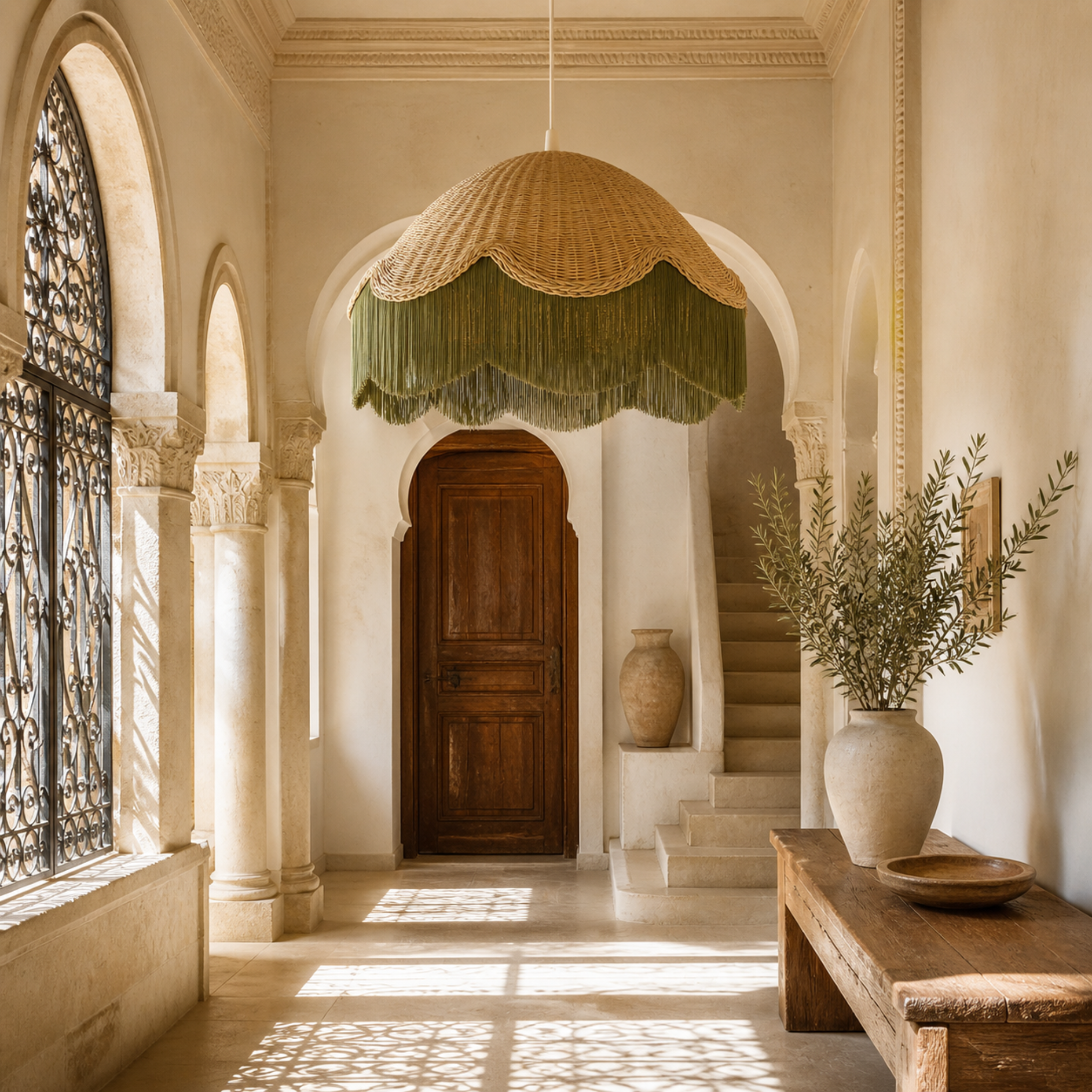 Lustre en Rotin | Dôme Bohème & Franges Vertes | Fiolla Home