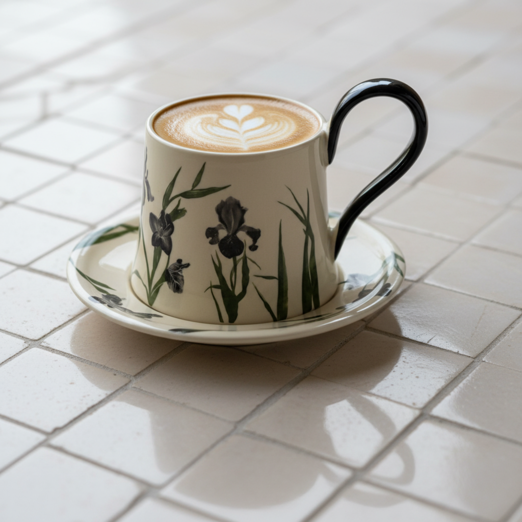Mug Iris Noir en Céramique avec Sous-Tasse – Élégance Moderne