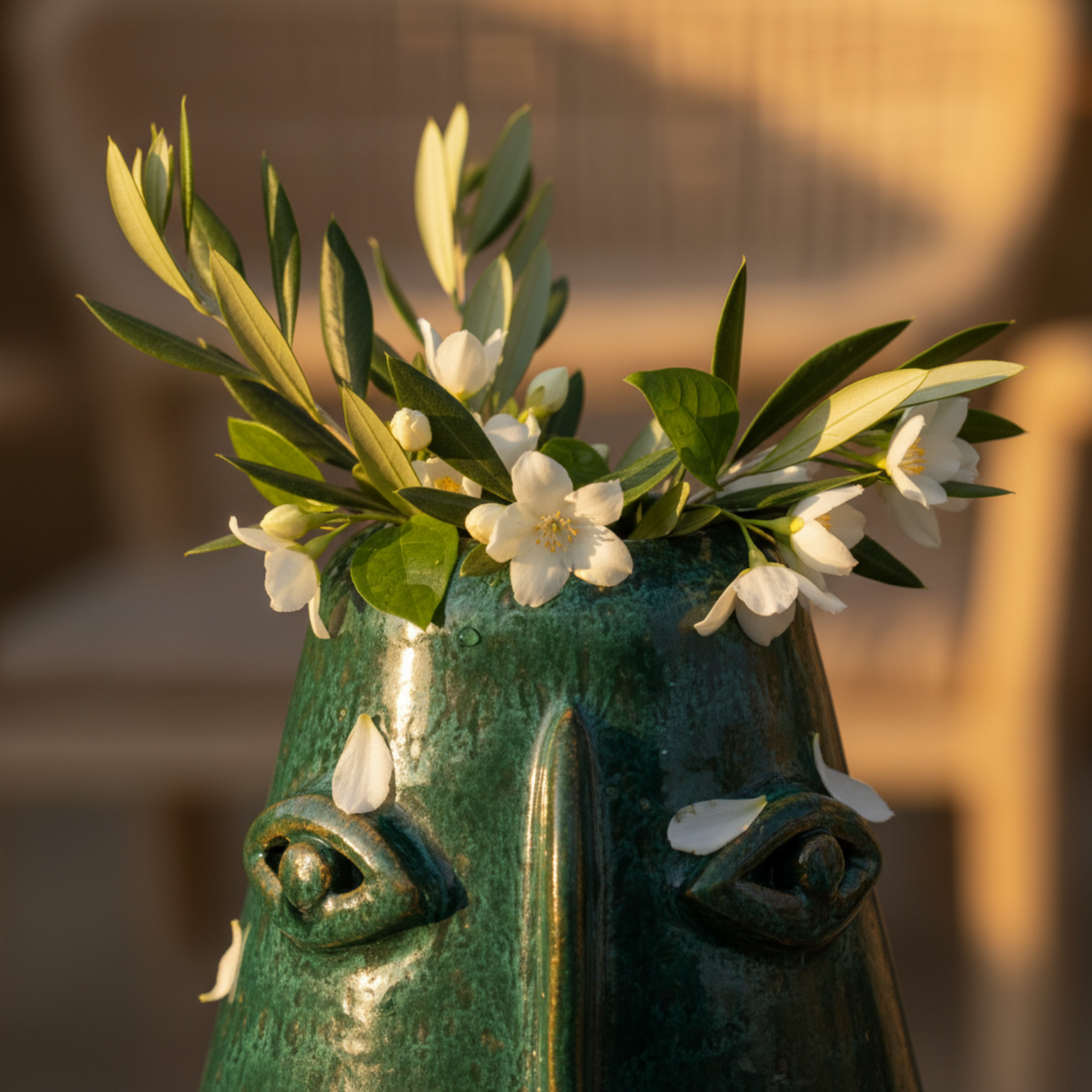 Vase Visage en Céramique Émaillée – Vert Émeraude, style tunisien