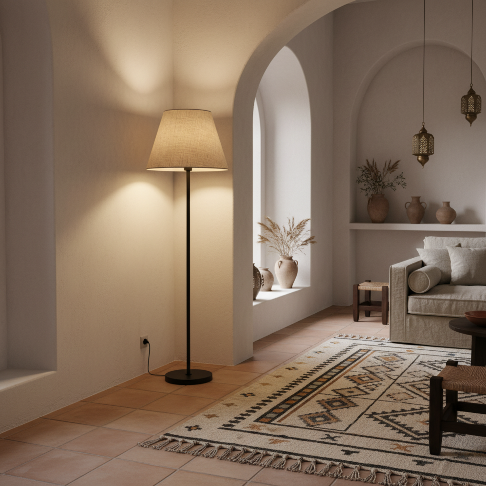 Lampadaire Design Minimaliste Pied Noir & Abat-Jour Beige – Déco Tunisie