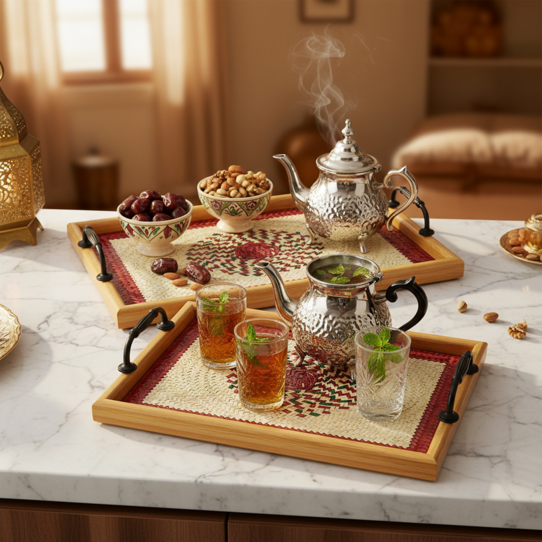 Lot de 2 Plateaux de Service Bois & Design Artisanal – Élégance Tunisienne