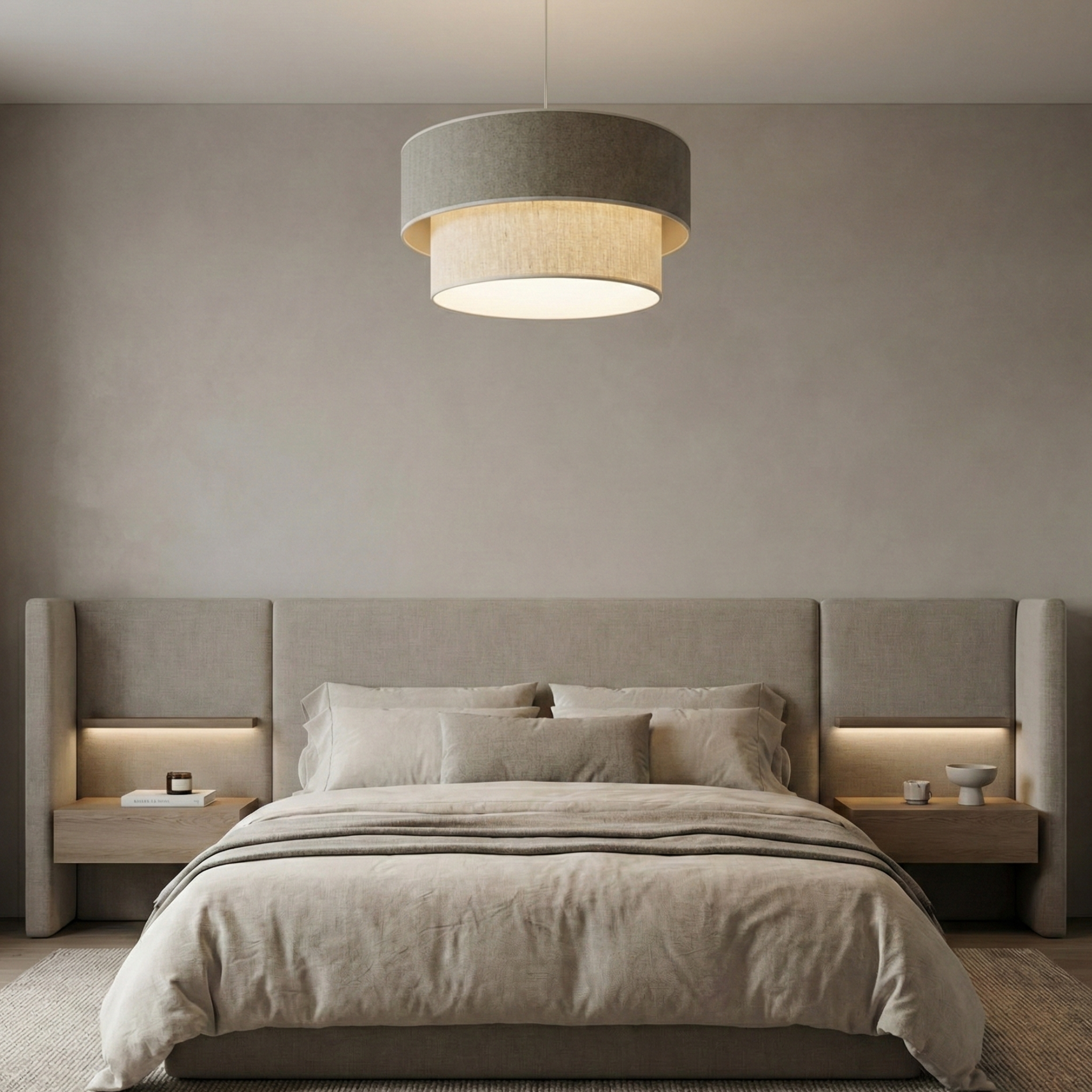 Suspension Artisanale Double Abat-Jour – Design Moderne Gris & Beige