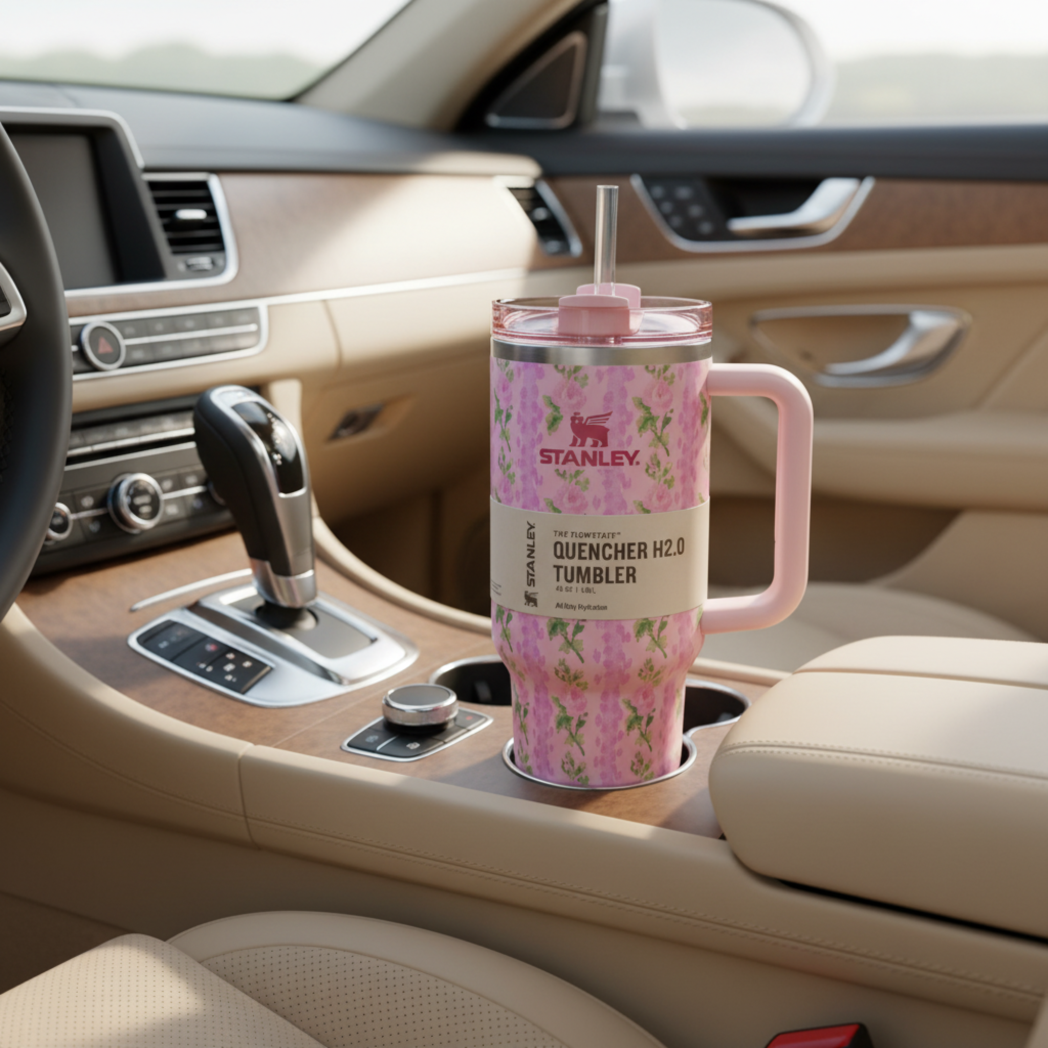 Gobelet Isotherme XXL avec Paille & Poignée - Motif Floral Rose