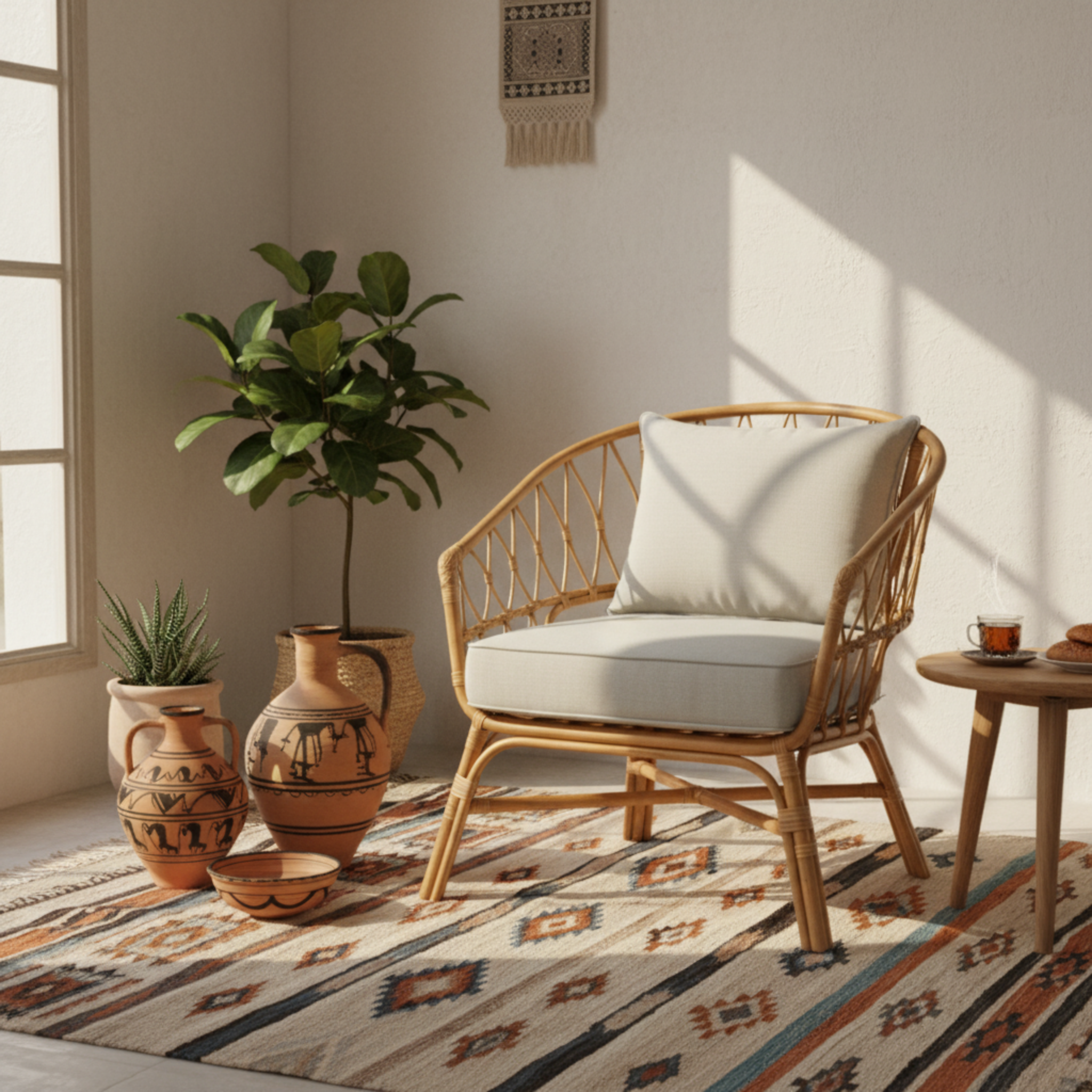 Chaise en Rotin avec Coussin Robuste – Confort Naturel & Élégance en Tunisie