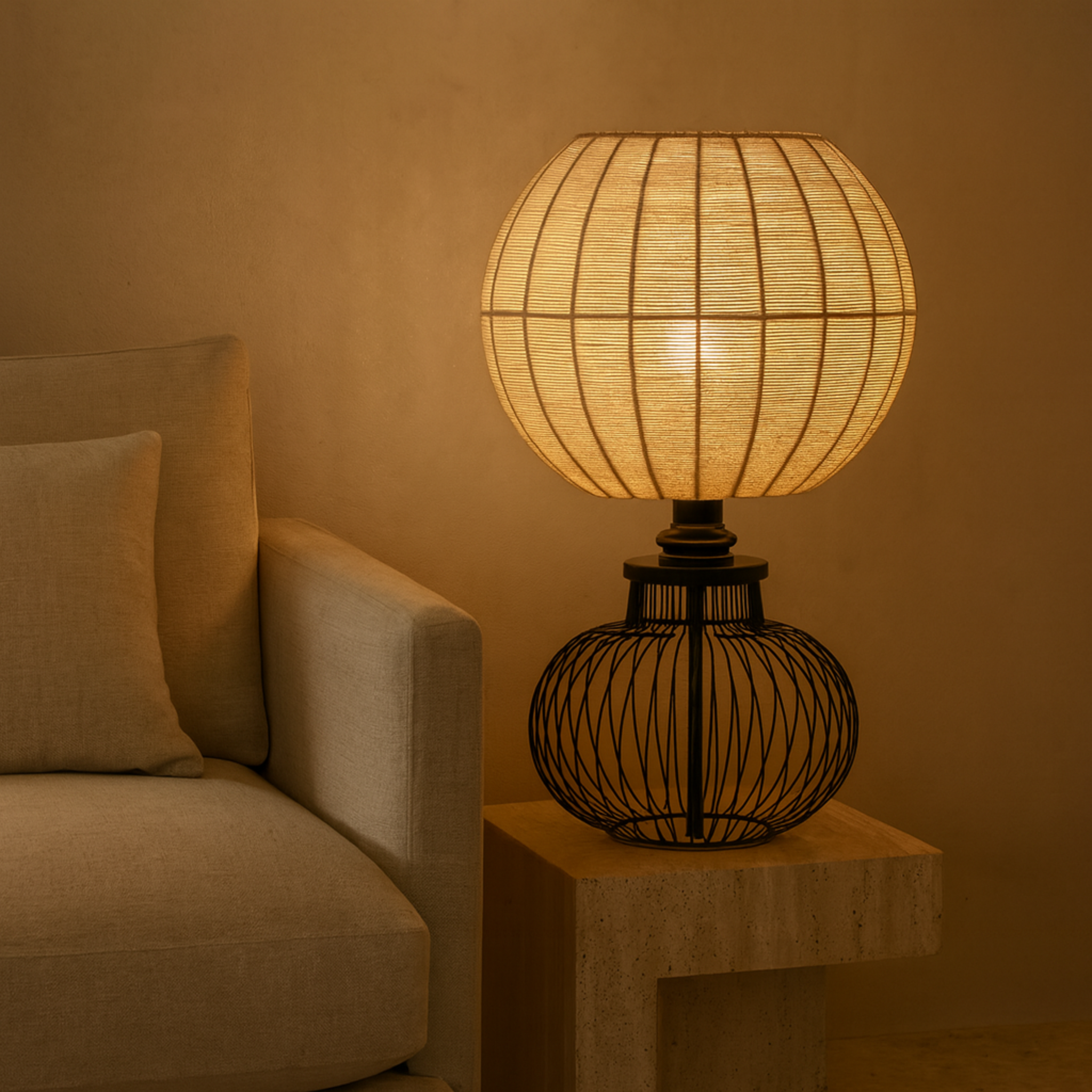 Lampe de Table Tête Jute Handmade | Base Métal Noir | Tunisie