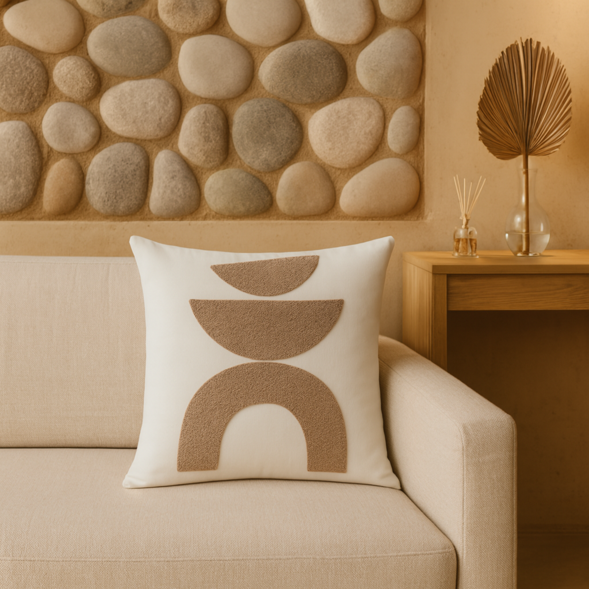 Coussin Géométrique Beige Tunisie – Demi-Lunes Texturées | Fiolla Home