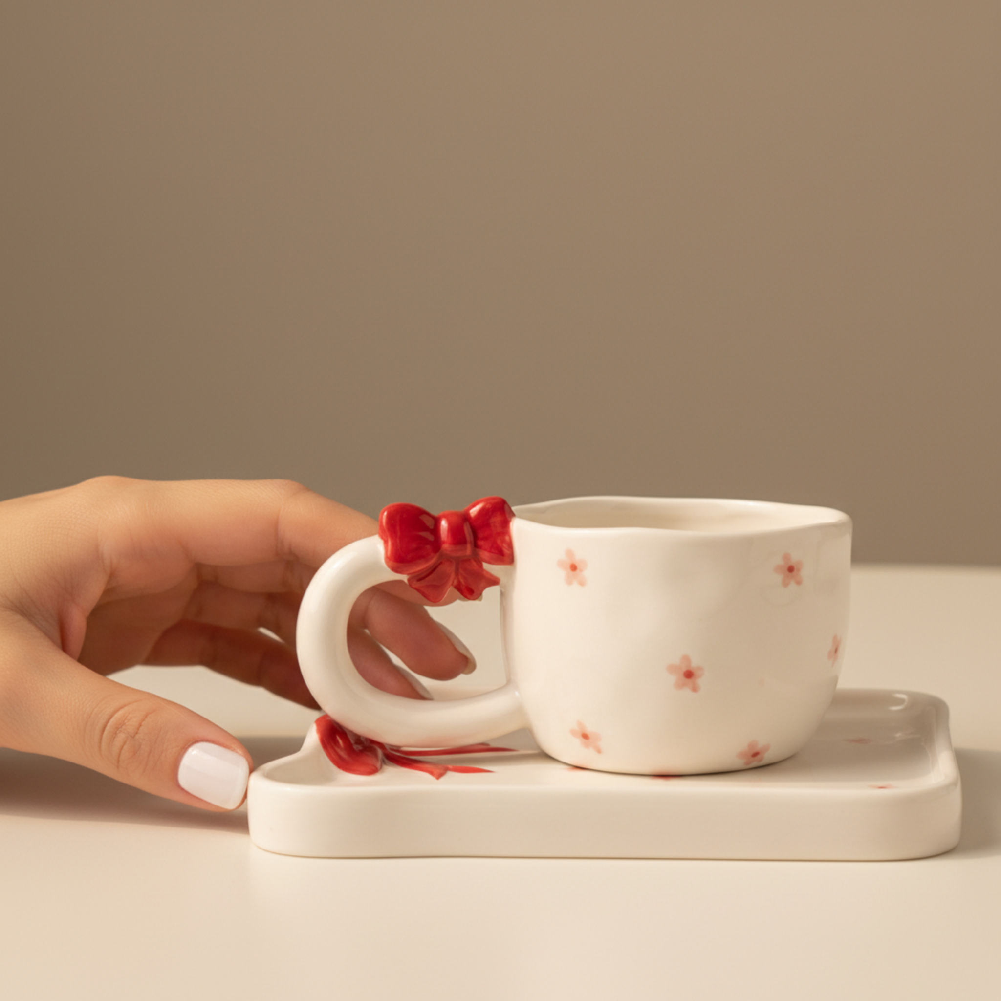 Mug Céramique Coquette Nœud Rouge & Fleurs - Tasse avec Soucoupe Design