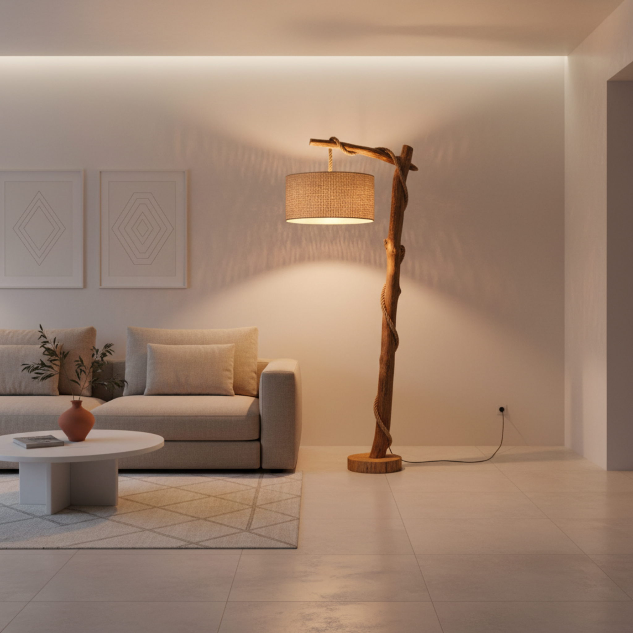 Lampadaire Bois Flotté & Corde 150cm - Lampe Salon Tunisie