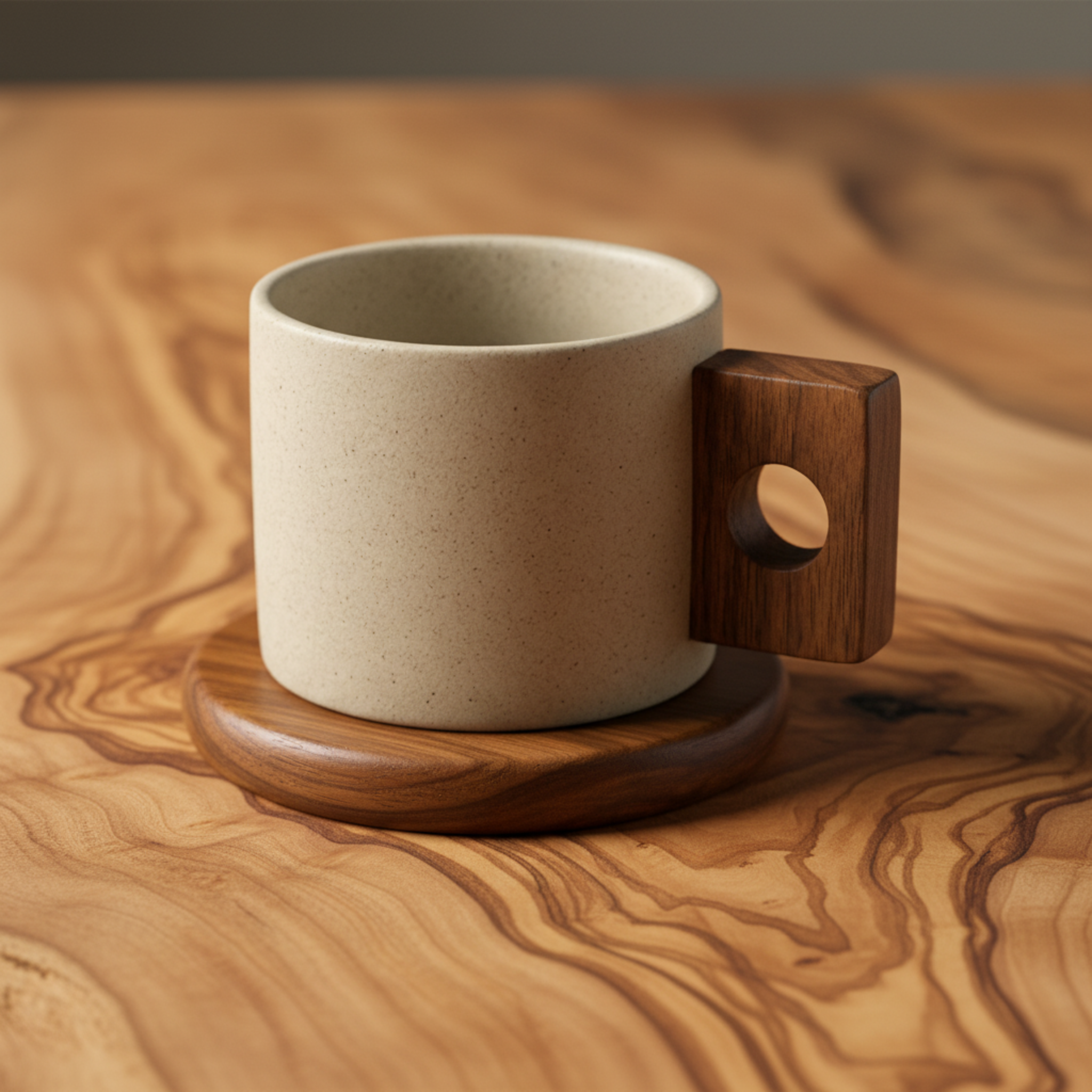 Mug Design Minimaliste en Céramique avec Anse Bois – Style Premium Tunisie