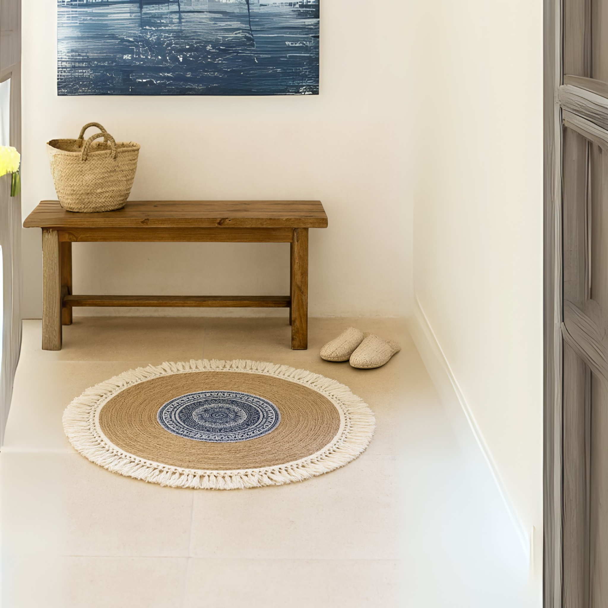 Tapis rond jute mandala bleu à franges | Tunisie | Fiolla Home