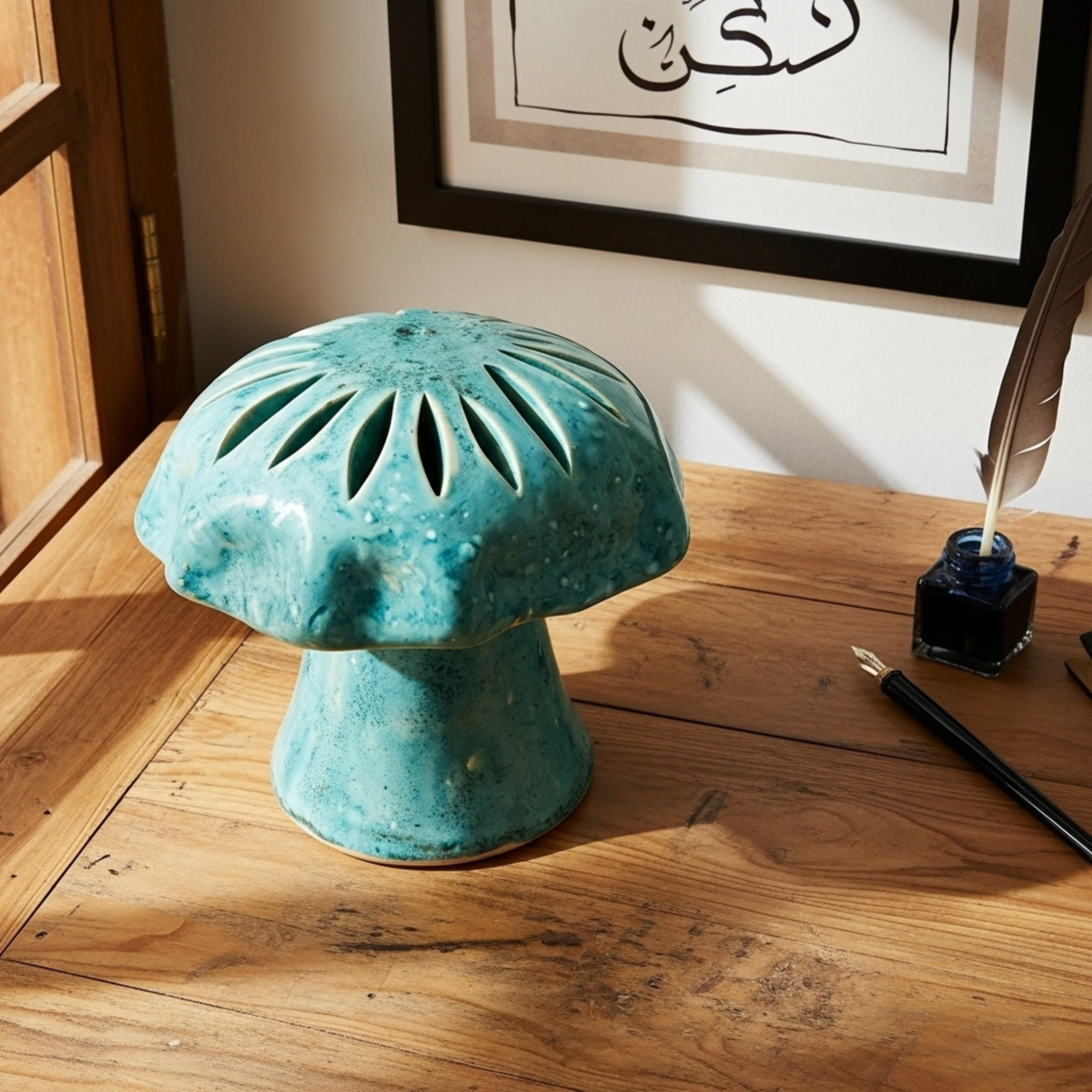 Cache-bougie Champignon en céramique turquoise – Style tunisien
